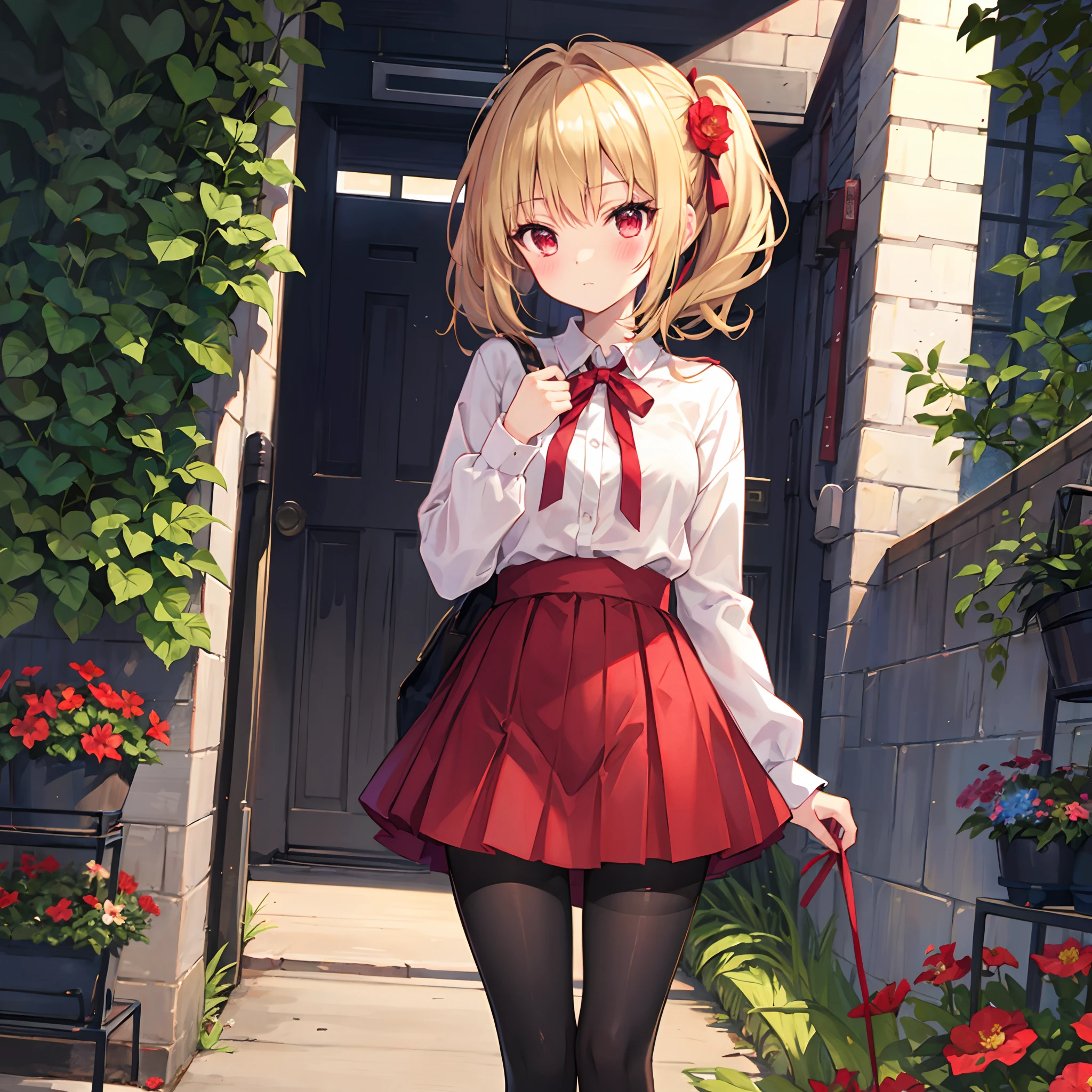a blond、poneyTail、Red ribbons、red eyes、Beautiful girl alone、red blush、a miniskirt、Black tights、flower field
