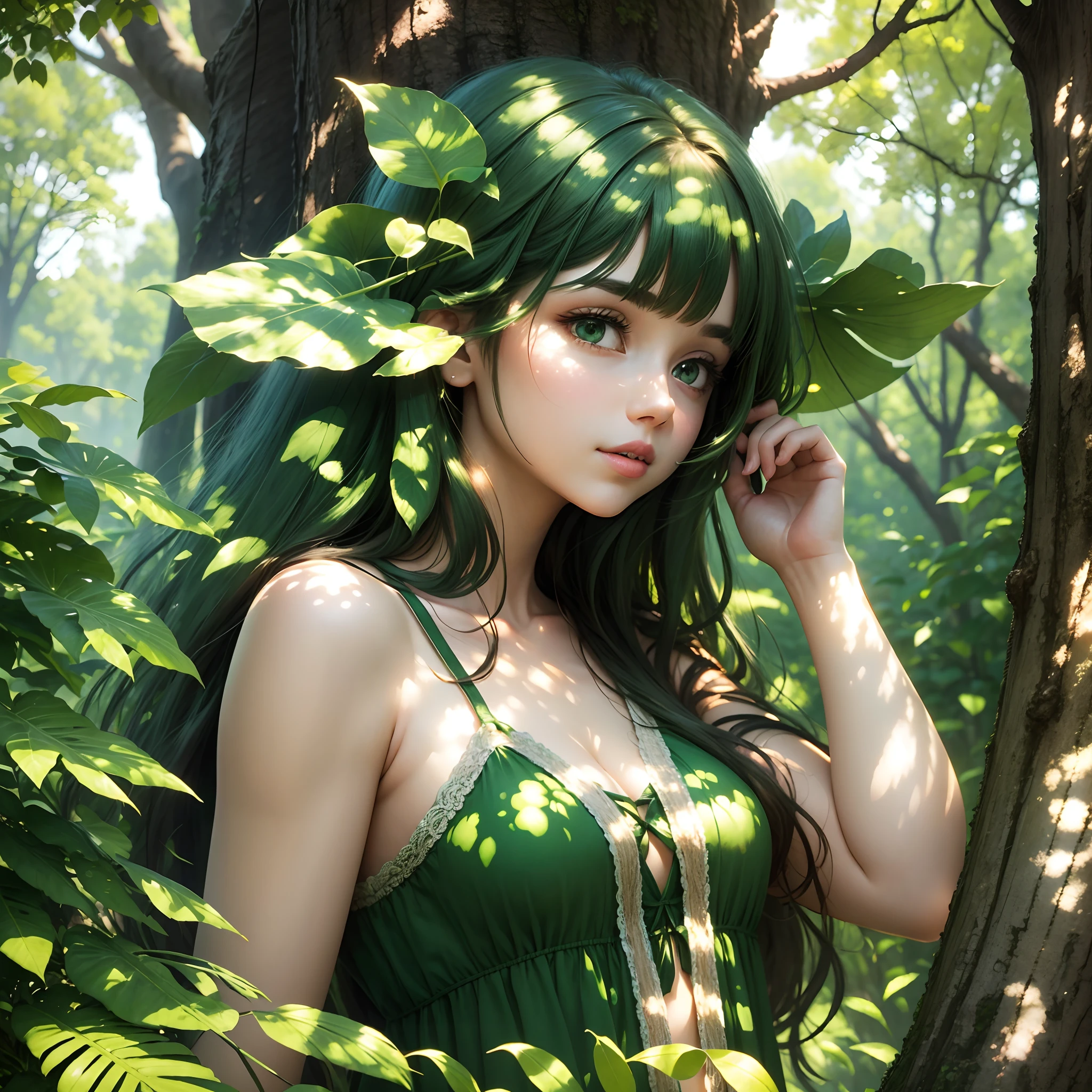 The sun, big trees, bright sun, under the shade of emerald green, stands a beautiful girl.