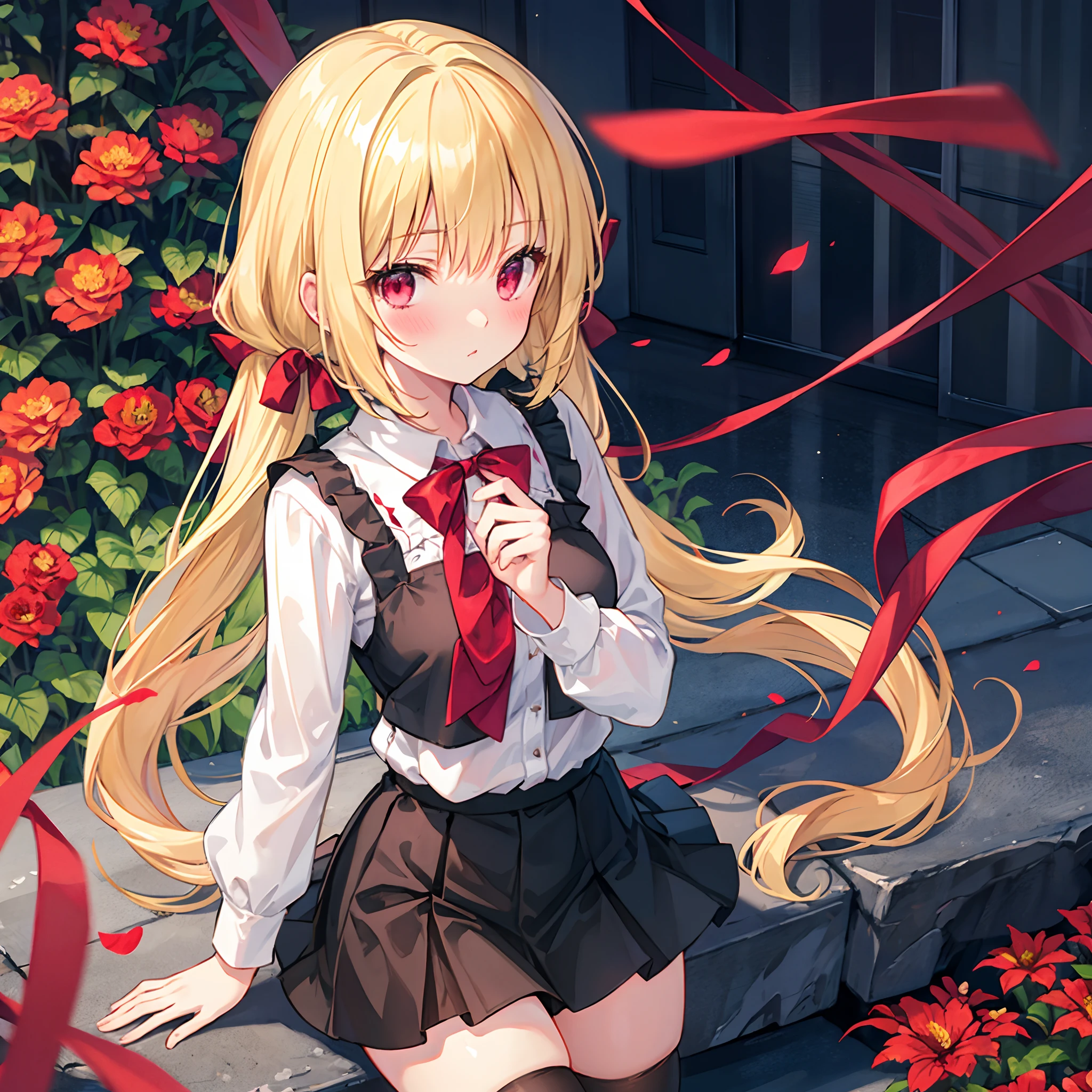 a blond、poneyTail、Red ribbons、red eyes、Beautiful girl alone、red blush、a miniskirt、Black tights、flower field