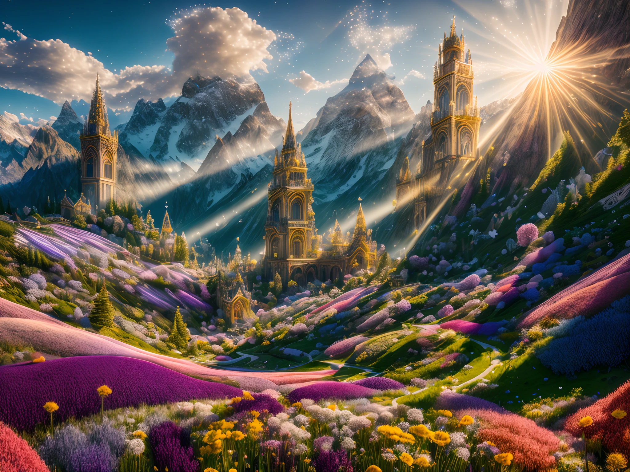 fantasy, (Palace)+, Light Palace on green meadows in the mountains, Flowers, (Lush vegetables)+++, White openwork pattern, White tracery, spark of light, Light particles, RAW photo, absurderes, view the viewer, Beautiful, Vivid colors, illusory engine, rendering by octane, (8K), (4K ultra HD), Best quality, Masterpiece, Very beautiful, perfectionism, max detail, hard shadows, Highest quality, vibrant, insanely details, Surreal, Divine, Celestial, Crystalline, Light, voluminetric lighting, back lit lighting, Shimmering light, Glowing, Caustics, Luminescence, Light magic effect, Rune of Light, magic