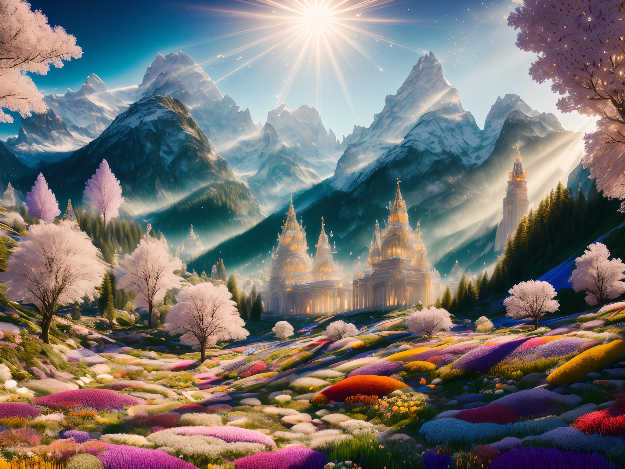 fantasy, (Palace)+, Light Palace on green meadows in the mountains, Flowers, (Lush vegetables)+++, White openwork pattern, White tracery, spark of light, Light particles, RAW photo, absurderes, view the viewer, Beautiful, Vivid colors, illusory engine, rendering by octane, (8K), (4K ultra HD), Best quality, Masterpiece, Very beautiful, perfectionism, max detail, hard shadows, Highest quality, vibrant, insanely details, Surreal, Divine, Celestial, Crystalline, Light, voluminetric lighting, back lit lighting, Shimmering light, Glowing, Caustics, Luminescence, Light magic effect, Rune of Light, magic