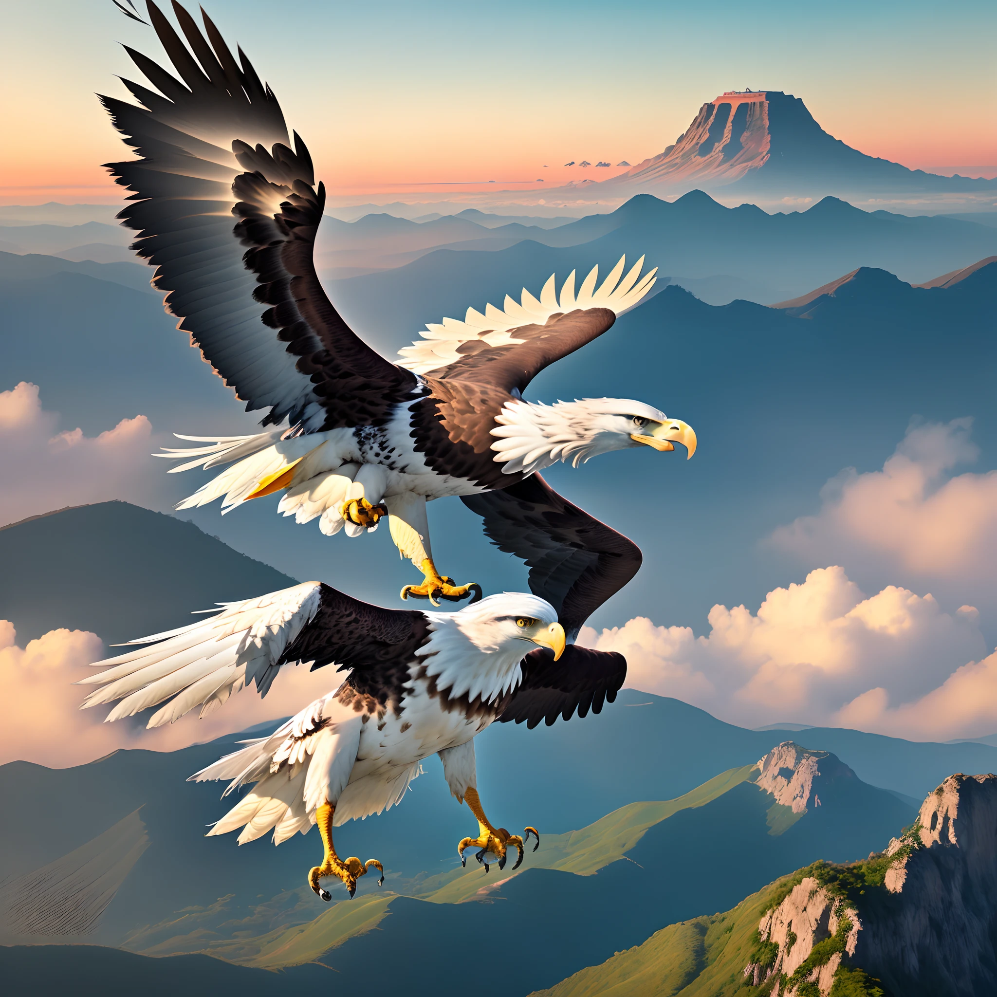 ((Create a masterpiece of a great eagle))) gracefully flying in the sky, (((com asas majestosas em movimento))), against the breathtaking backdrop of the horizon, emergindo do pico do Everes