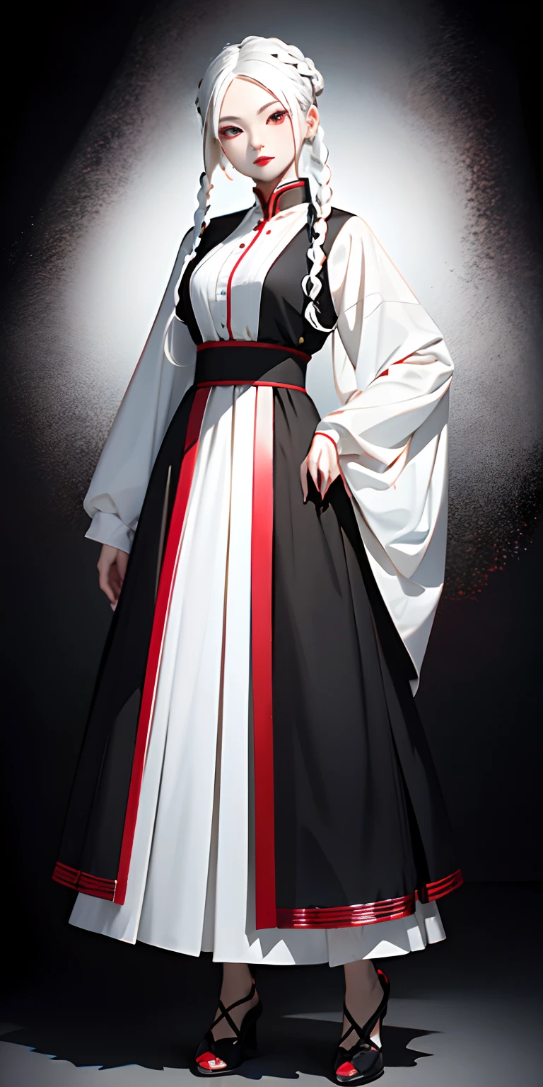 top-quality、masterpiece、1 girl in、Full Body Angle、Standing、black backgrounds、white hair:1.5、Red Eyes、red-lips、white clothes、Black and white world、Black and white world、light skinned、Side braid