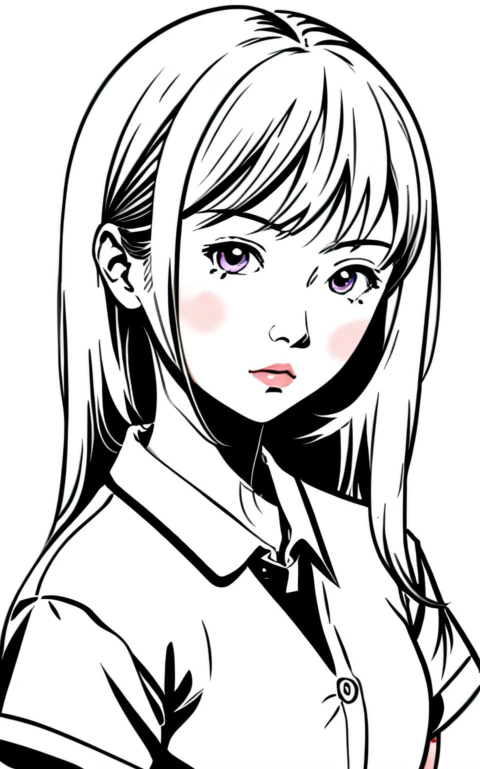 Inspired by Hisashi Eguchi's artwork、(lineart_anime),hi-school girl、high-school uniform,No background_with a pure white background,simple background,up of face