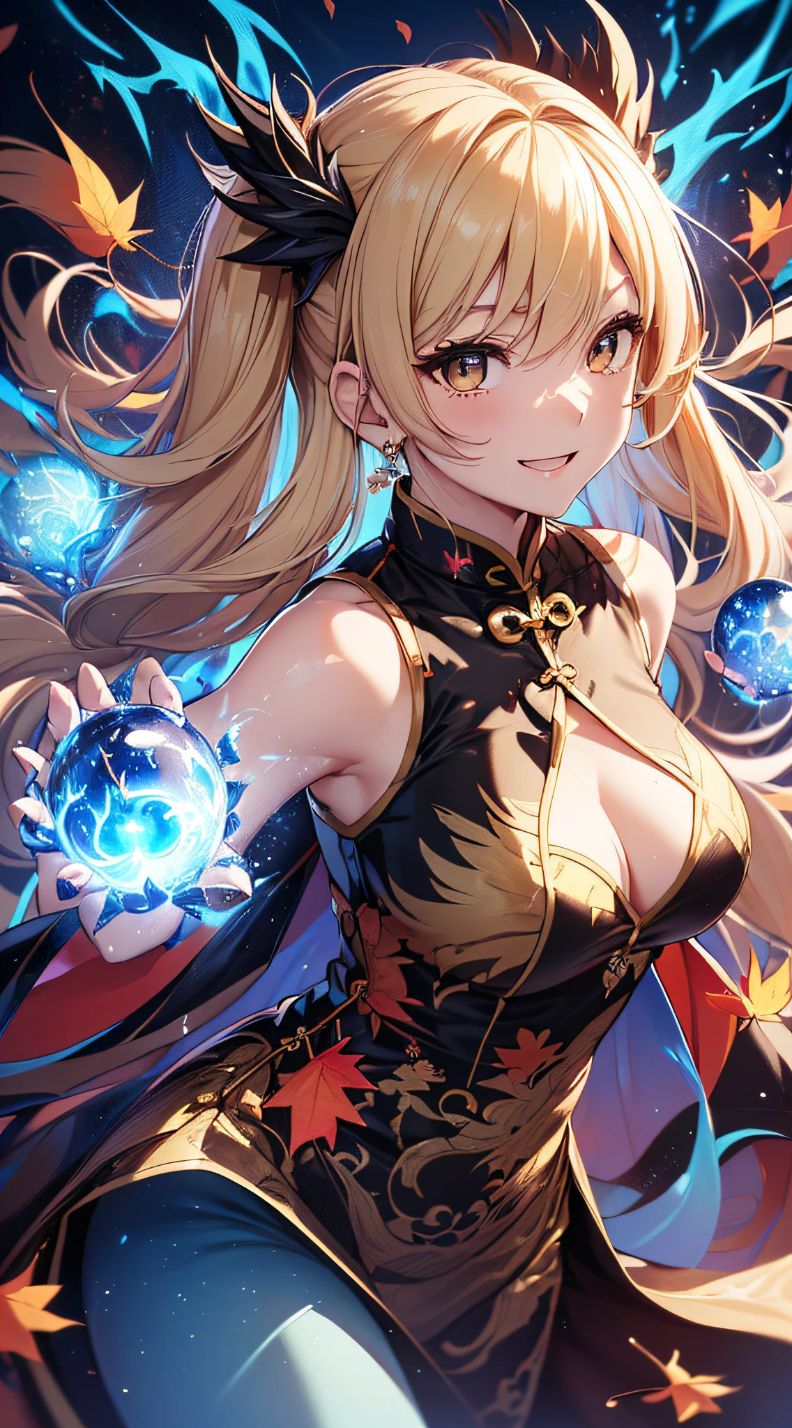 top-quality、Top image quality、​masterpiece、girl with((18year old、Black and Red Sleeveless Cheongsam、Best Bust、Bust 90、Blonde twintails、Golden Eyes、open chest wide、Valley、Happiness、A slender、ssmile、Blue aura on both arms、Glass Hair Fastening、Reflecting the whole body、fighting poses、facing front)）hiquality、Beautiful Art、Background with((Park of autumn leaves at night、Floating blue fireball、Fantastic world、blue flames、Fire Dragon))、masutepiece、Elaborate design、visualart、
