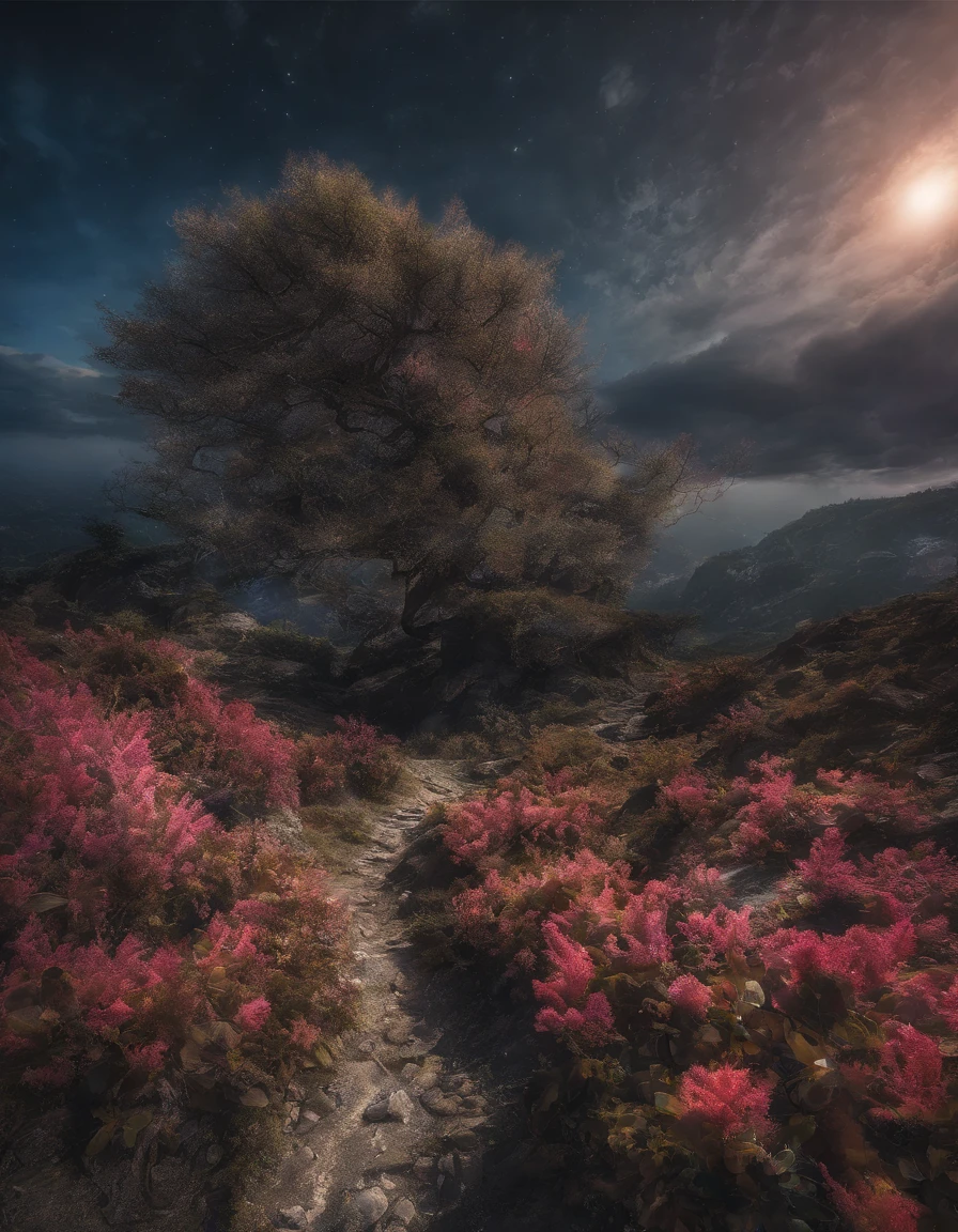 Magnificent view,Forest edge landscape photography Professional high-quality nature digital photography,Spring flowers bushes in the moonlight on a rainy night,precipice,Eau,Boulders,foggy sky,Traces of rain,Nightmare vision, Dark fantasy plot,Perfect and excellent composition,8K分辨率,the detail,Ultra-wide-angle distance shooting,background inside dark,Jack Guzman's environmental art photography,realisticlying,cinematic compositions,Volumetriclighting,A high resolution,vividness, A detailed, Stunning sky,Colorful clouds float,true to life, Pubic area is clear, flawless perfection, Digital SLR, 1024, 2048, 4096, A detailed, Sharp, best qualtiy, high qulity, absurderes,unmanned background,The is very detailed、Detailed lighting shadows,Trends on ArtStation、iintricate、high detal、dramatics、Midjourney Art(Volumetriclighting:1.2)hdr shot。(Faraway view,Super deep view,ultra-wide-angle,Microfocal length lens:1.2)(realisticlying:1.4)tmasterpiece、high high quality、Beautiful photography、globalillumination、