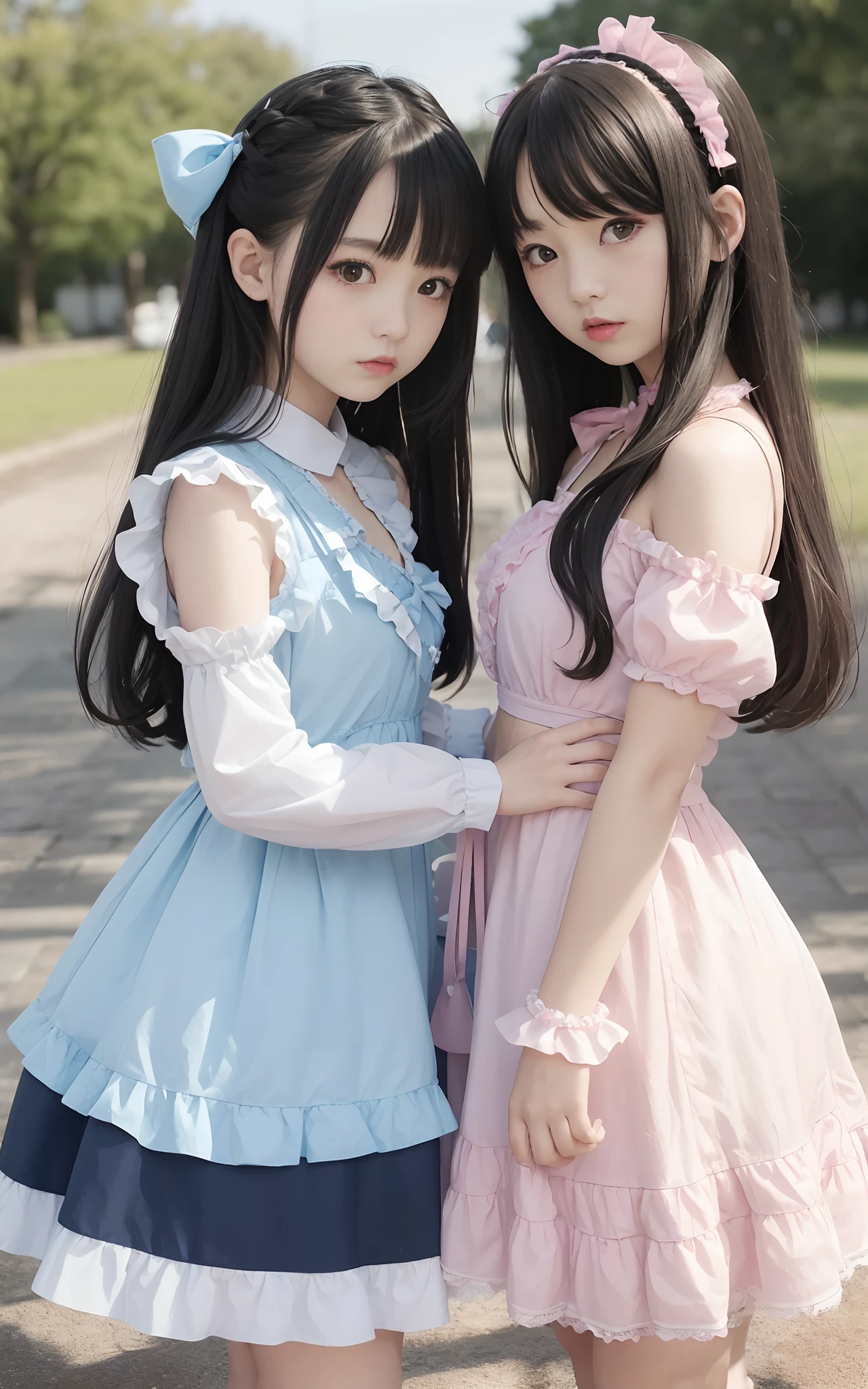 I have two girls、The figure on the left is wearing a goth loli costume with light blue frills、The person on the right is pink、Wearing a gosloly costume inherited by the ruffles、We sit back to back、Looked、Looking at the camera、japanes、teens girl、、Being in the steppe