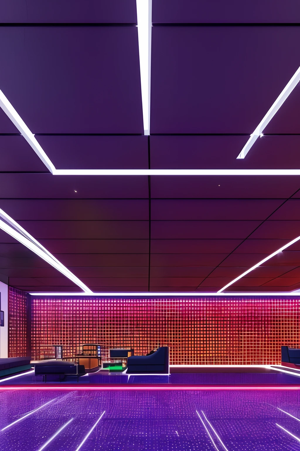 nightclub, dance floor, sofa, lounge, modern, colorfull, UHD, ultra rendered, high detail, neon, perfectly rendered, fun, hyped up, hidden bar