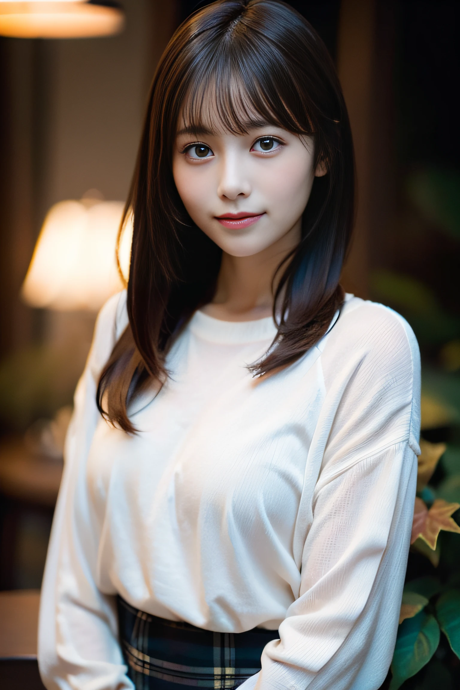 in 8K,Best Quality:1.4, 超A high resolution:1.5, (Photorealistic:1.4),masterpiece:1.2,(top-quality:1.4)、 Raw photo、(the background is blurred), aquariums、FULL BODYSHOT:1.5、 1日本人の女の子, Cute, (Solo), (Shy smile), Smooth skin、(30-years old:1.4)、to stand、Check miniskirt、Cute mini skirt、 (Brown medium hair,Bangs), (touch hair:1.4)、nogizaka、cute little、Supple fingertips,Beautiful black eyes、natural skin textures:1.3, realistic eyes and face details:1.7、middlebreasts、gazing at viewer、beauty legs、autumnal、long-sleeve、fish tank