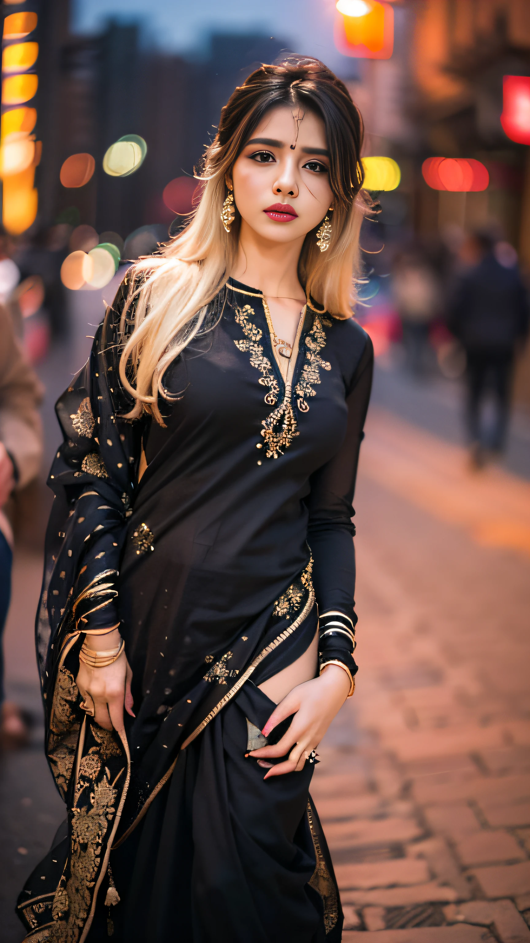 (((desi girl))), chubby face, natural skin, wearing hot deep neck top and dupatta, charming black hair, ((hair ends are blonde)), city streets background, bokeh