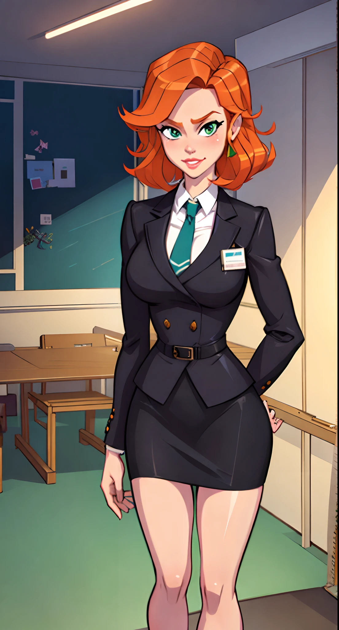 1girl, stewardess, Best quality, masterpiece, cowboy shot, orange hair, green eyes, tight cloth, pencil skirt