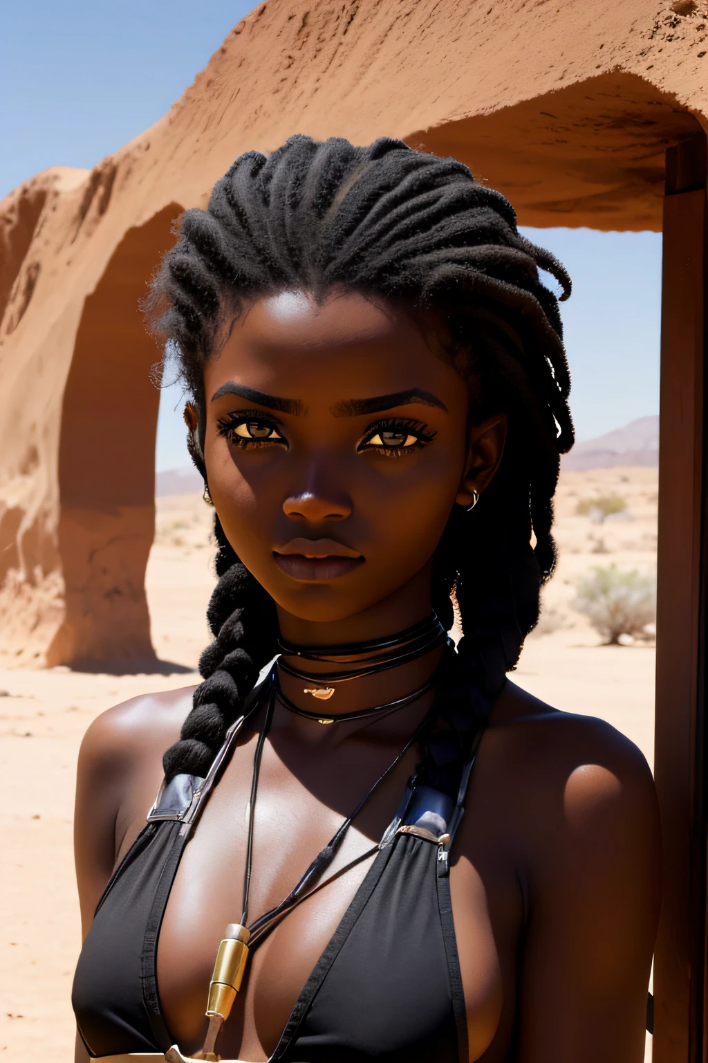mulher negra, olhos castanhos, idade 19 anos, andando no deserto, molhada, cabelo cacheado, olhar sedutor