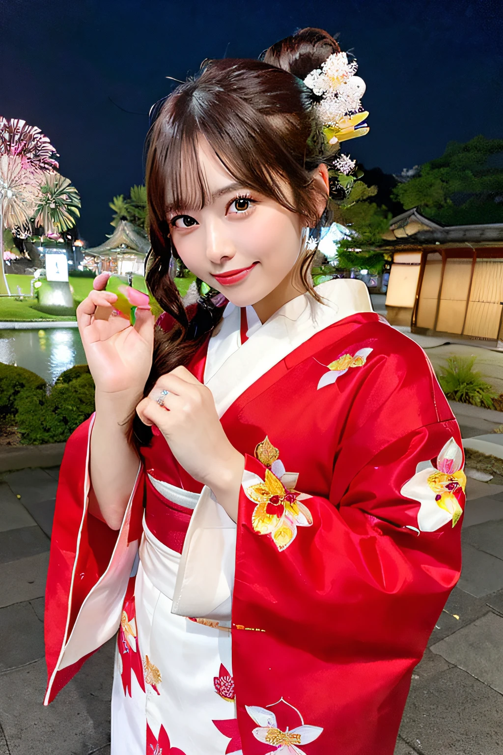 ((fully body photo)), Japan idol woman,Red-brown hair、Cute face girl smiling mischievously with sparkling eyes ,busty girl、Elegant kimono,Floral kimono on shiny red fabric,Ponytail,flying hair,Park at night、Fireworks in the night sky、masutepiece,Beautiful hands, Beautiful fingers,Ultra-realistic ,,(White kimono)、((Red Hakama))