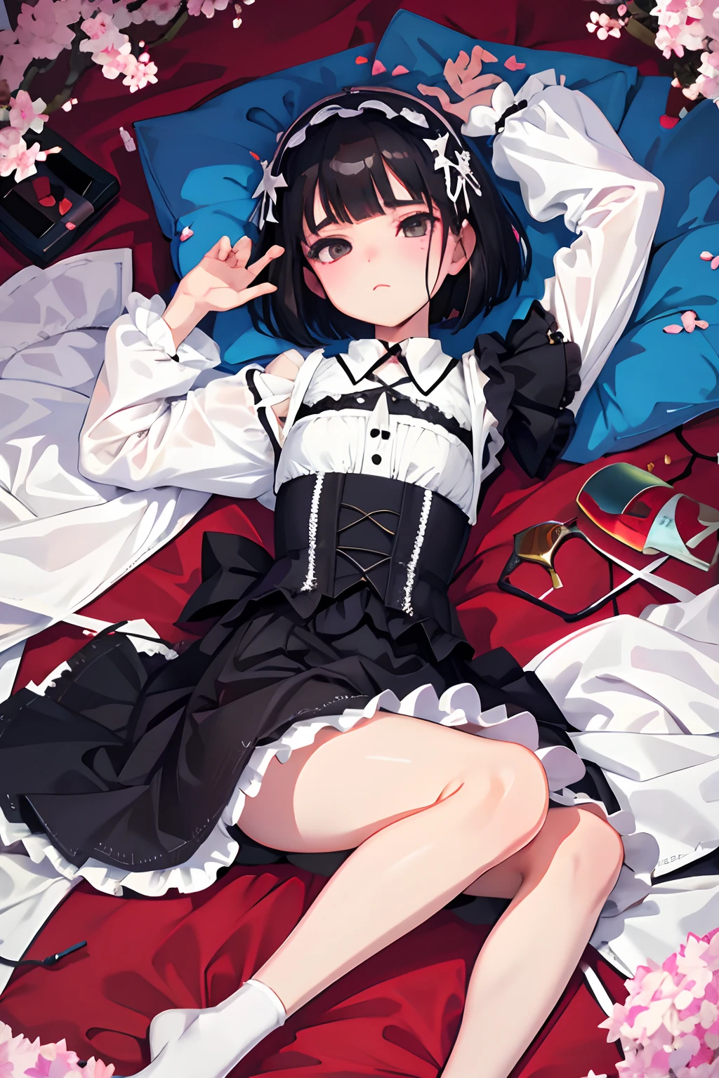 wariza,Curtsey,skirt rift,,(masterpiece,Highest Quality),(shortsleeves,White Gothic Lolita),Sleepy face,Round eyes,A dark-haired,Semi-long bob,bare-legged,Tatami mats,cherry trees