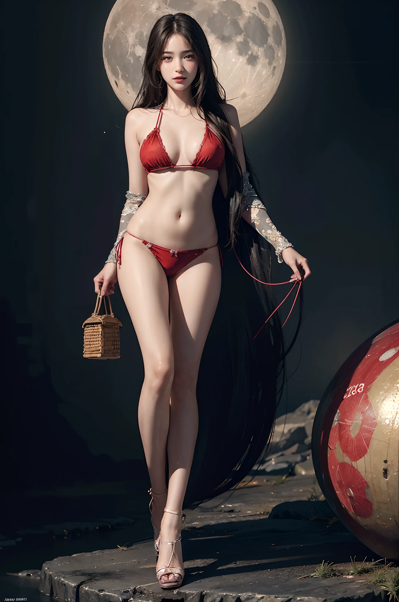 (A hyper-realistic), (illustratio), (hight resolution), (8K), (ighly detailed), (The best illustrations), (beatiful detailed eyes), (top-quality), (ultra-detailliert), (​masterpiece), (detailed face), droopy eyes,full of sweat, full body, long hair,inner colored,solo,Girl in simple red bikini, huge tits, smile, moon light, high heel