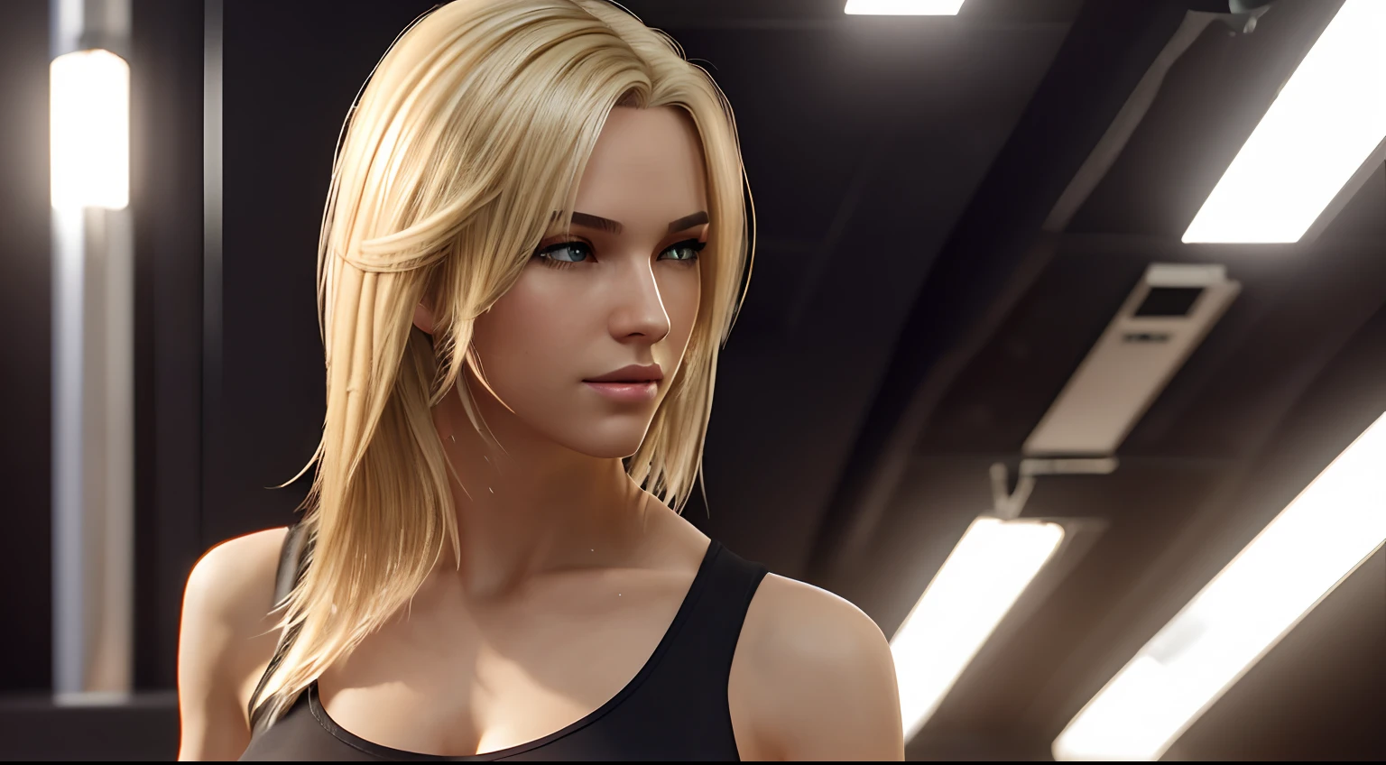 ((Best Quality, 8K, Masterpiece: 1.3)), Full Body, Focus Clear: 1.2, Outstanding Beauty: 1.4, Slender Abs: 1.2, ((Blonde, Big: 1.2)), Black Tank Top, Highly Detailed Face and Skin Texture, Detailed Eyes, Double Eyelids, Claire, re2 remake