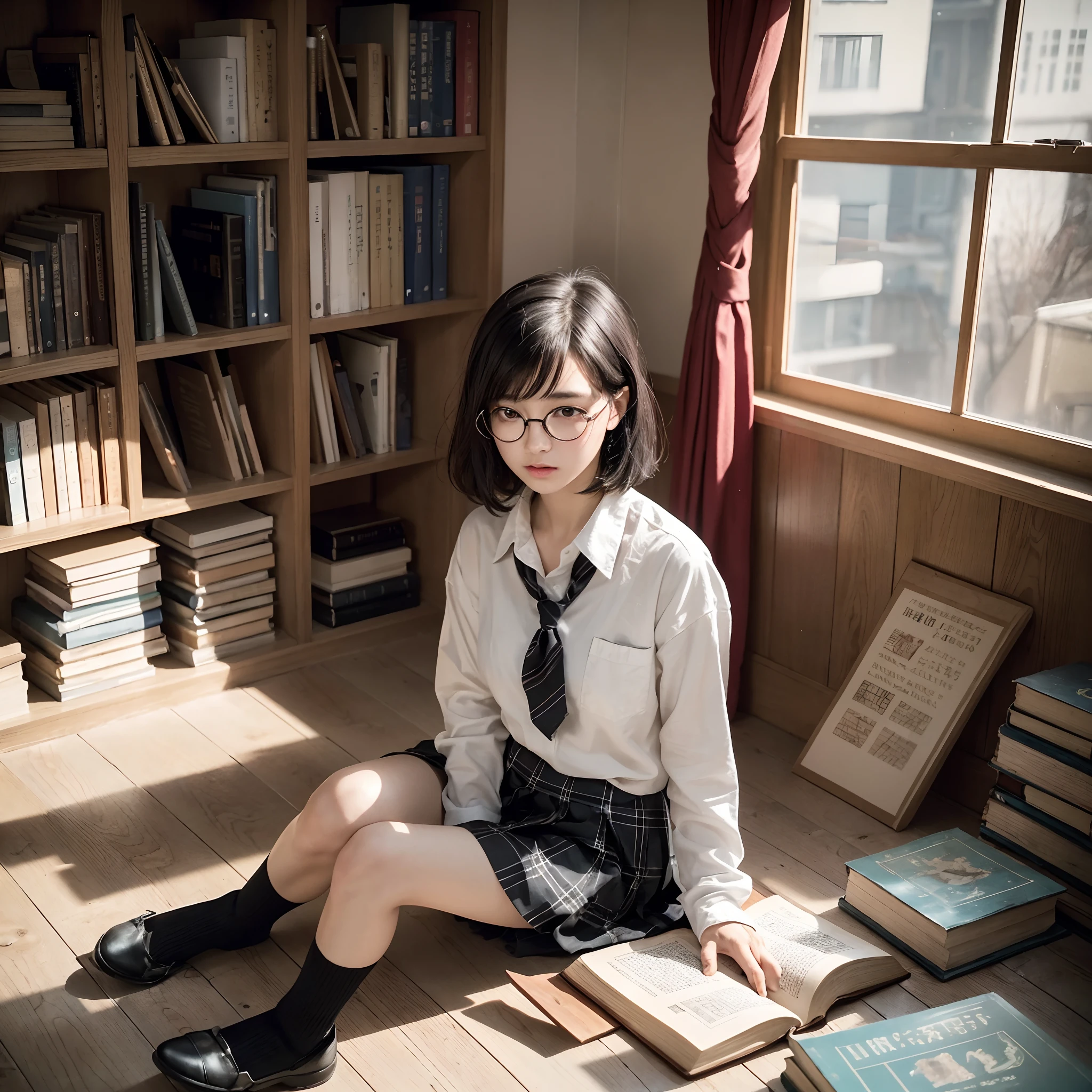 masterpiece、top-quality、High-quality images、hight resolution、in 8K、1lady、Photorealsitic、detaileds、Detailed eye depiction、skin gloss、Lustrous hair、((Black short-haired、More disheveled hair、I'm wearing round glasses、Emotional manifestation:1.3))、dim room、Narrow old room、many bookshelves、Books piled on the floor、Pile of used books、Sitting on the floor and reading a book、Shy and quiet girl、Japan girls 、obedient character、Not very confident、real face、care、Good posture、School uniform、Pleated skirt、plaid skirts、bare-legged、cinematlic lighting