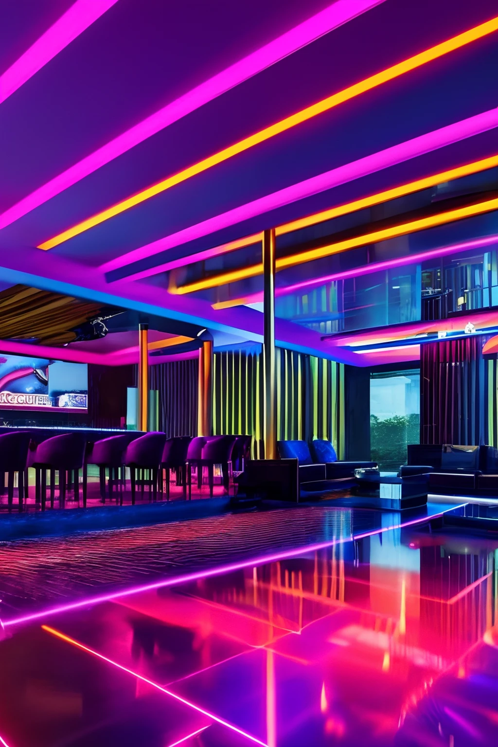 nightclub, dance floor, sofa, lounge, modern, colorfull, UHD, ultra rendered, high detail, neon, perfectly rendered, fun, hyped up, hidden bar, full detail, glass