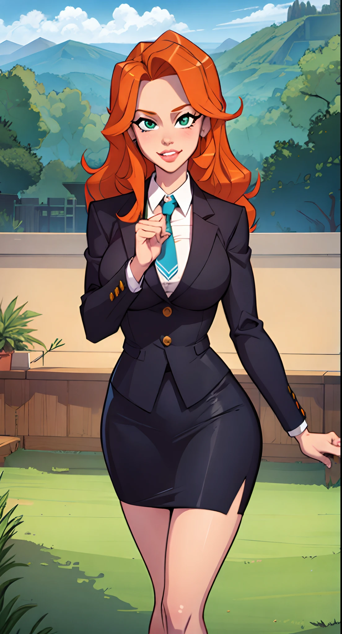 1girl, stewardess, Best quality, masterpiece, cowboy shot, orange hair, green eyes, tight cloth, pencil skirt