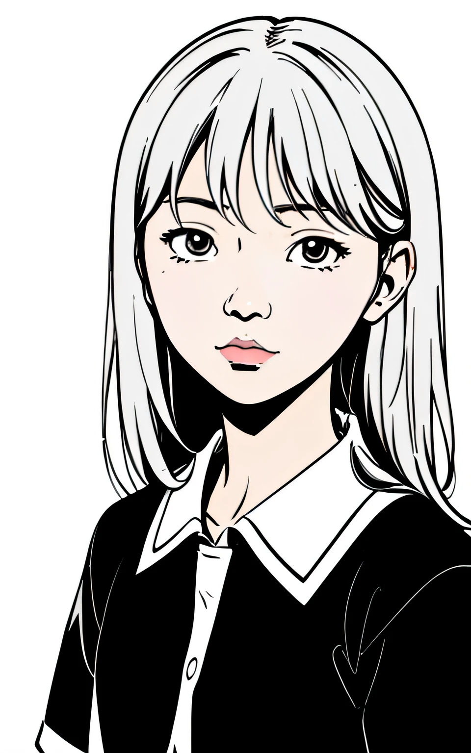 Inspired by Hisashi Eguchi's artwork、(lineart_anime),(black-and-white),hi-school girl、high-school uniform,No background_with a pure white background,simple background,up of face