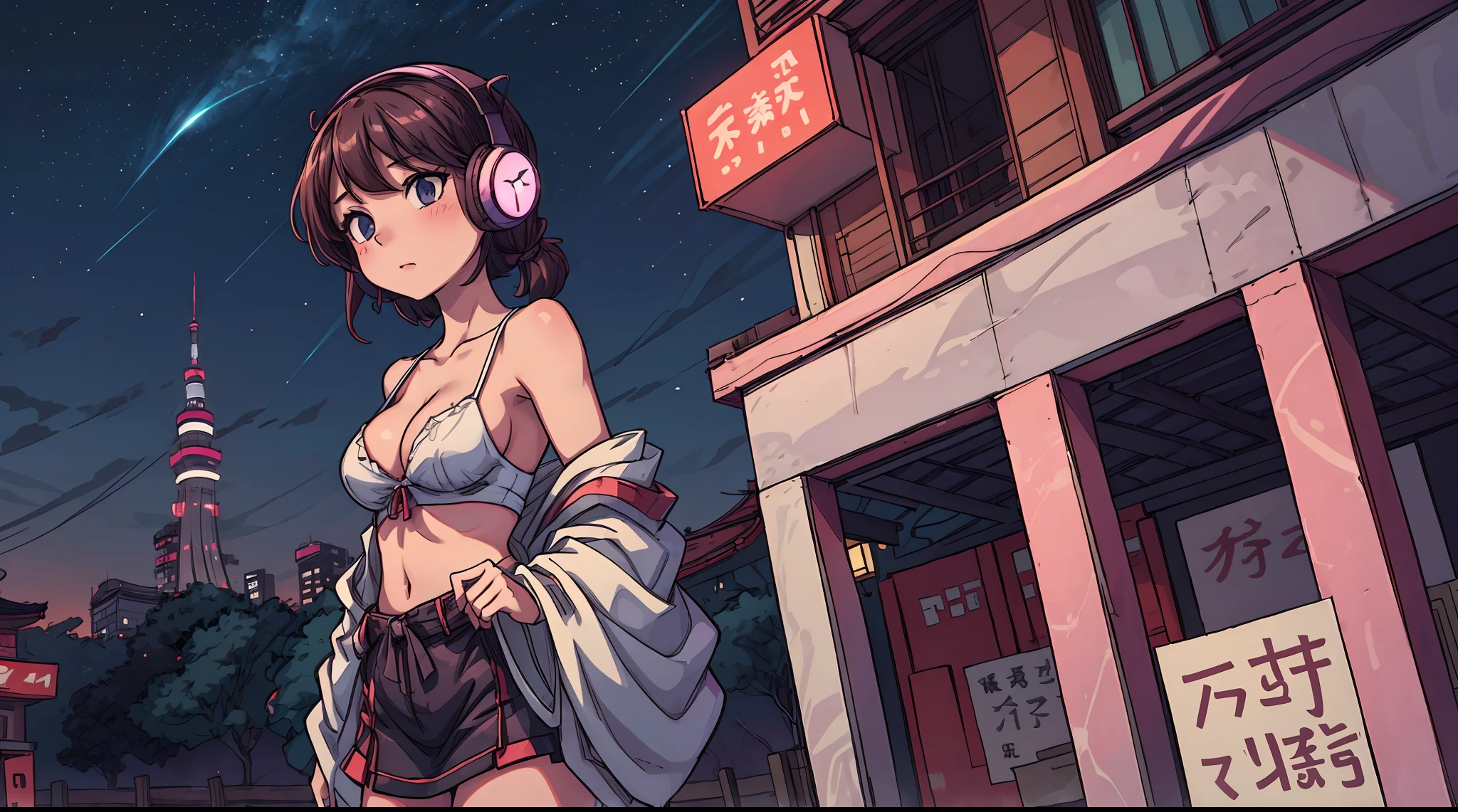 A sexy anime girl with headphones and glowing skin, standing in front of a beautiful background with a beautiful sky. The background is aesthetic and features vanilla, night, cleavage, Japan, and Tokyo city in a synthwave style.