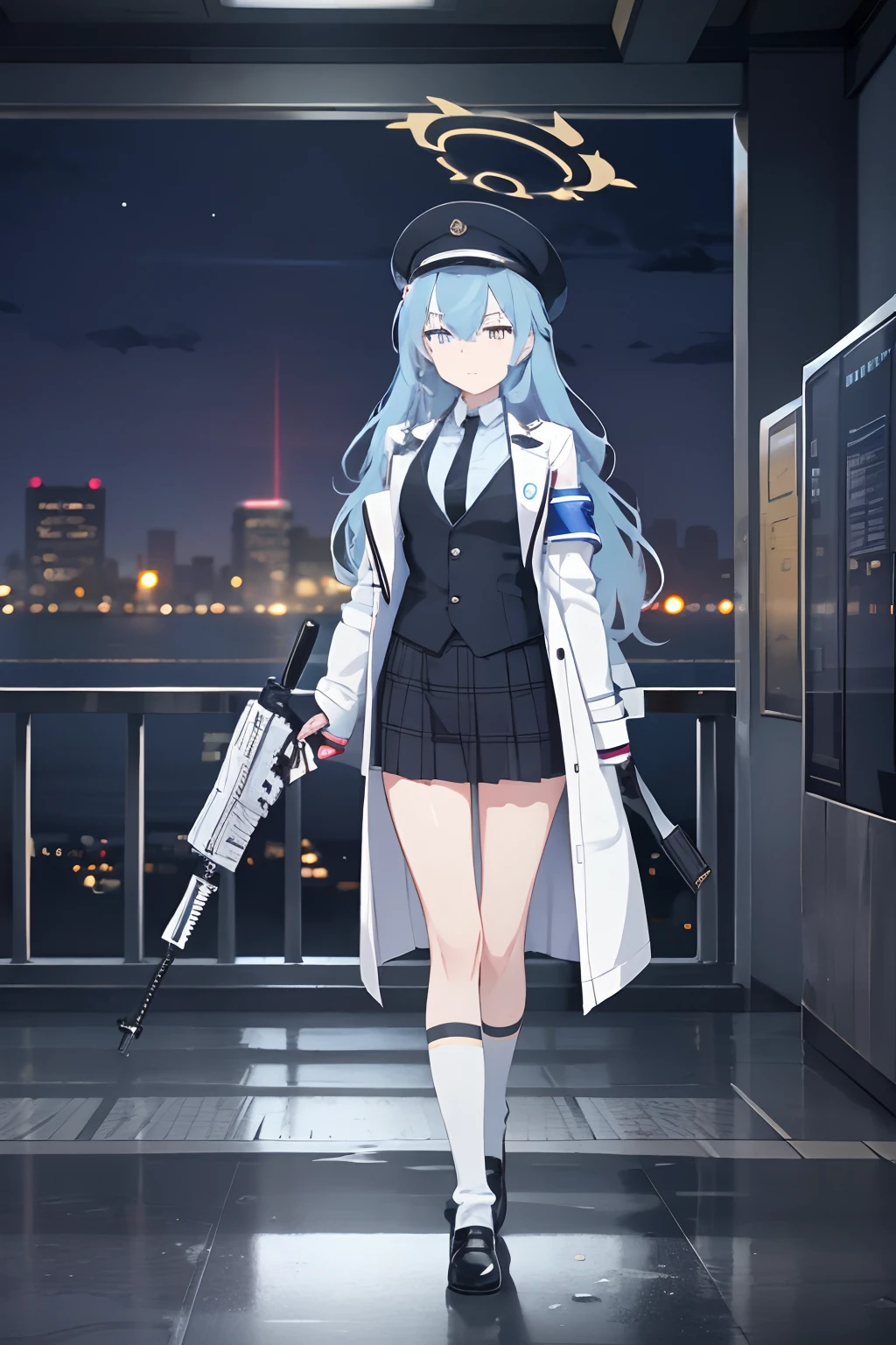 1girl, white messenger hat with black stripe, white captain hat, pastel blue hair, light hair, messy hair, messy long hair, white coat, black armband, council armband, white uniform with light blue vest, light blue vest, open coat, black uniform collar, black collar, black tie, id strap, Individual Development strap, black medium skirt, black plaid skirt, white small socks, black rubber shoes, extremely aware, nervous, holding M4A1, holding radar tablet, looking, transit station, dark rainy day, serious eyes, cat eyes, black halo with blue stripe, blue vest, serious, sharp eyes, unsatisfied, holding Assault Rifle, city skylines, Assault Rifle with a Snowstorm Texture, tall girl, transit, train station, large blade, sword, very comically large gun, black tie, black shirt collar, Assault Rifle with a Scope and a Stock, black necktie. aiming, extremely large gun, serious, dark rainy day, a dark day, rain, guns collide