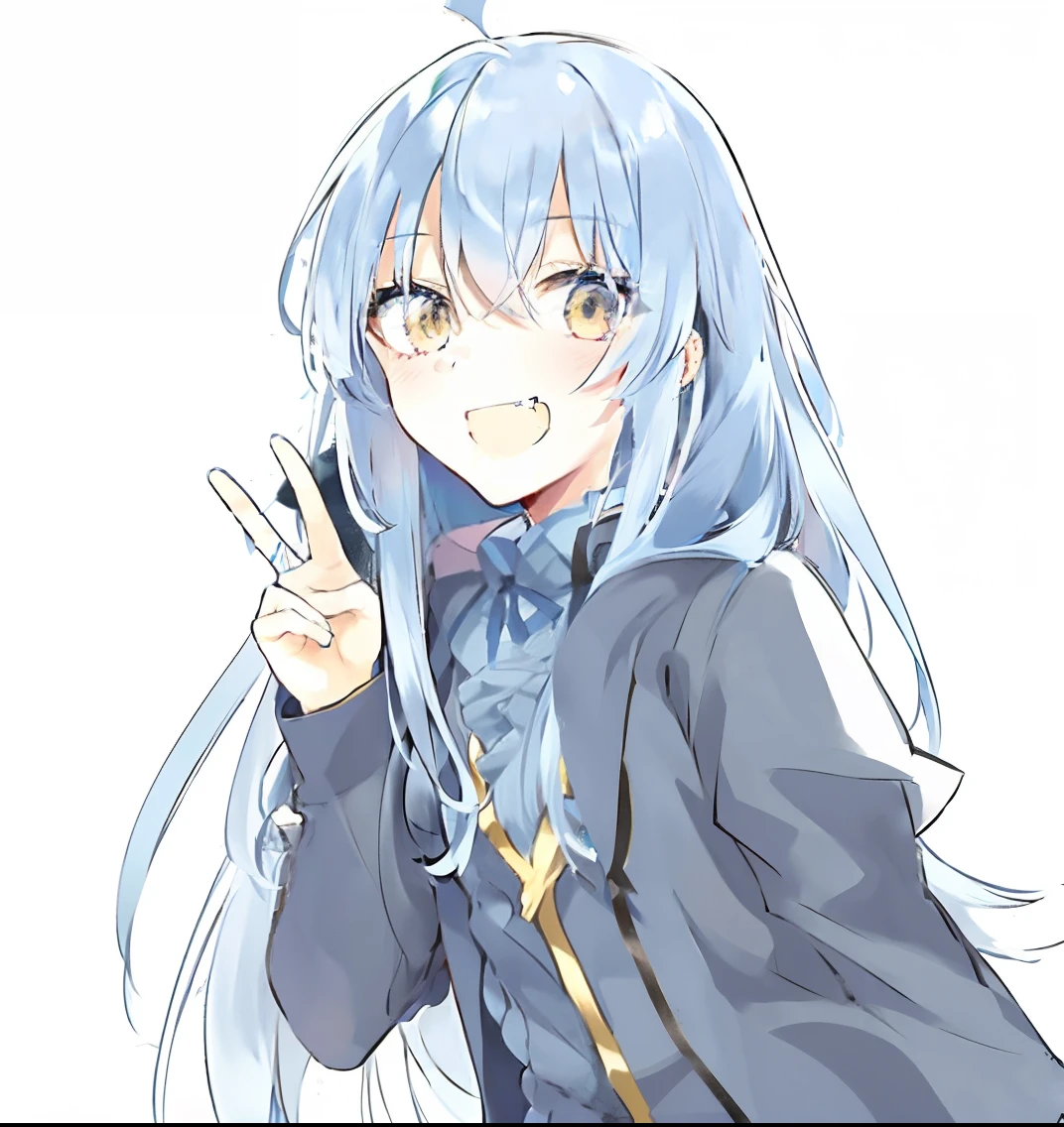 anime girl with long blue hair and yellow eyes holding up a peace sign, with index finger, anime moe artstyle, tensei shitara slime datta ken, anime visual of a cute girl, rimuru tempest, anime best girl, reincarnated as a slime, as an anime character, profile shot of rimuru tempest