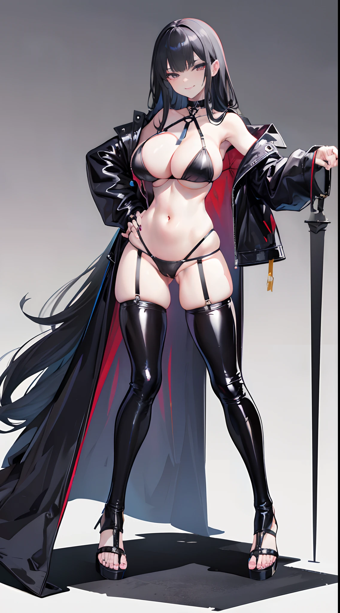 (gigantic breasts:1.6),Full body like,heeled sandals,The right hand crosses the waist,Long black hair,Black colored eyes,Black fingernails,Black toenails,grin face,Latex bra,Latex panties,see-thorugh raincoat,Plastic raincoat,exposing thighs,exposing your navel,Expose the armpits