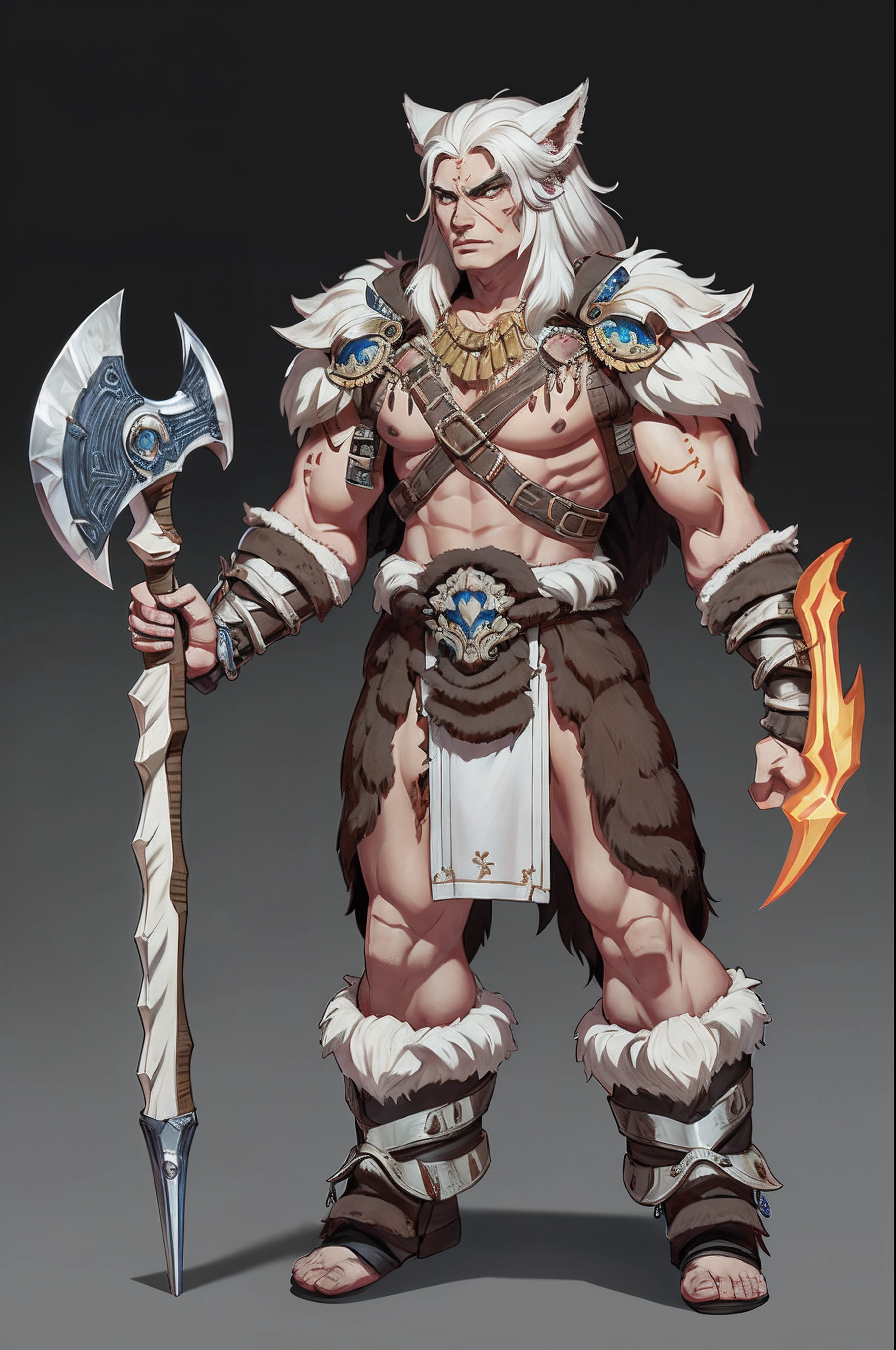 1 boy、独奏，full bodyesbian，barbarian warrior，Draped in wolf skin，standing on your feet，ax，simple backgound，Magical fantasy design，character concept design，Beautiful face and eyes，tmasterpiece，best qualtiy，Best resolution，high definition detail