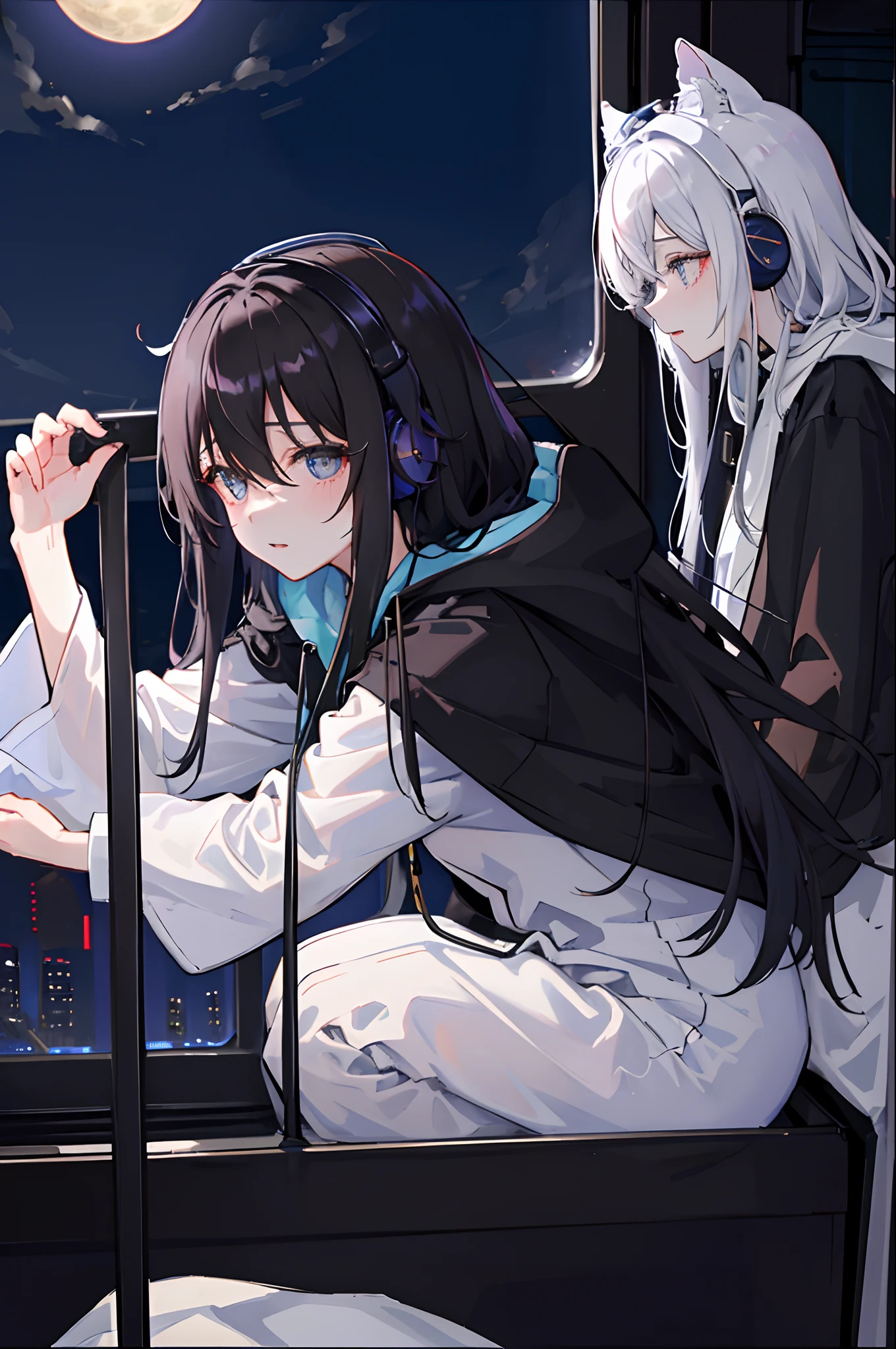 (masuter piece、side lights、ultra-detailliert、inely detailed beautiful eyes: 1.2)、1girl in、bags、buliding、From Side、headphones、hoods、Hood down、hooded jacket、parka、jaket、long、Black hair、profile、A dark-haired、独奏、Train、inside of a car、The upper part of the body、masterpiece、top-quality、natta、nighttime scene、Moon Night