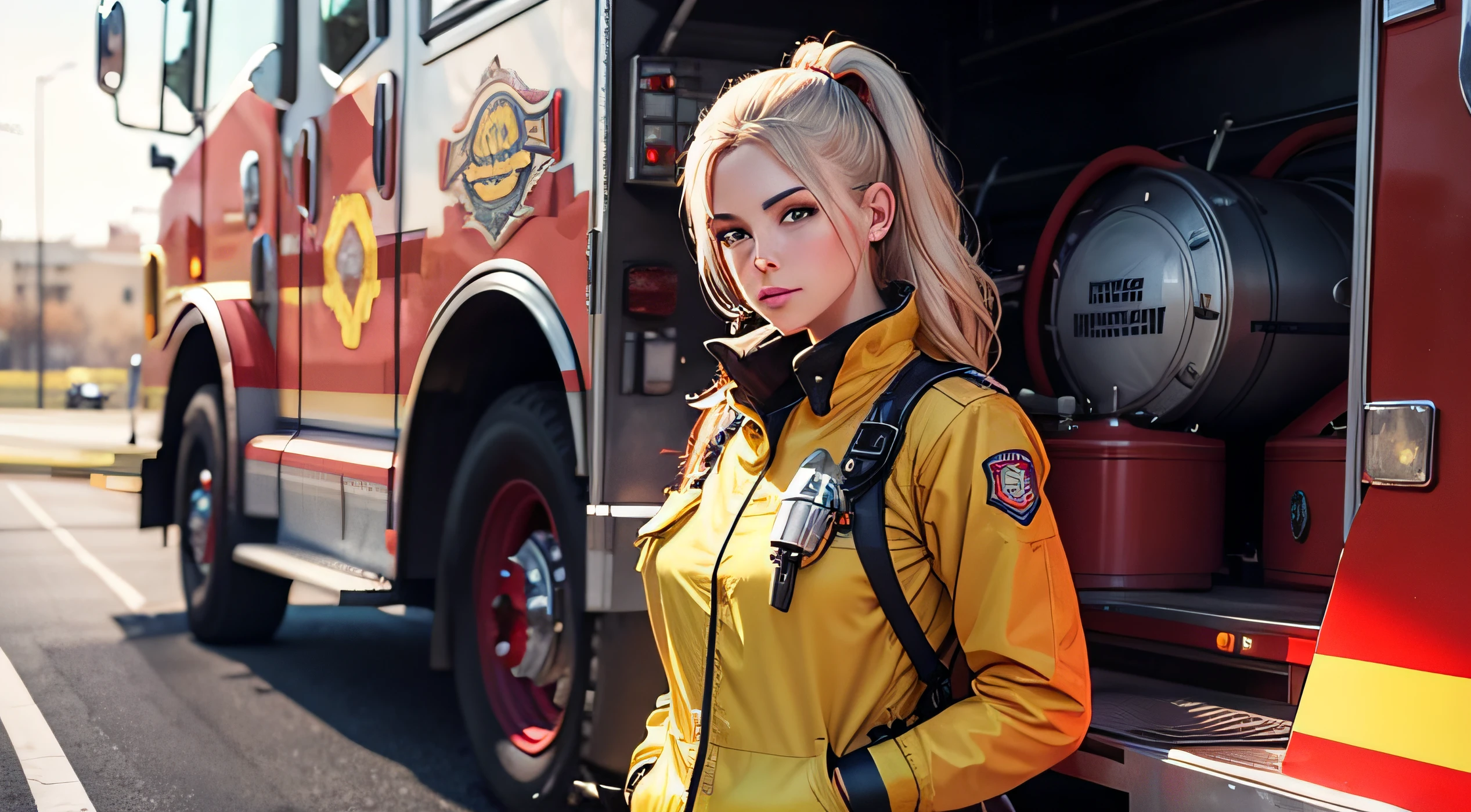 8K, Best Quality, 1girl, (skindentation), Night, (Dark), outdoor, Gorgeous,, (Clothing firefighter Uniform:1.3),Soft Lighting, Attractive, on the streets , (Mouth Closed:1.2, Beautiful Eyes, Detailed Eyes, Detailed Iris, Beautiful Lips, Beautiful Nose, Beautiful Face),(Primary Colors:1.2), upper body, hands on hips, front view, melissa sue anderson, perfect body, escultural body. large breast, ponytail