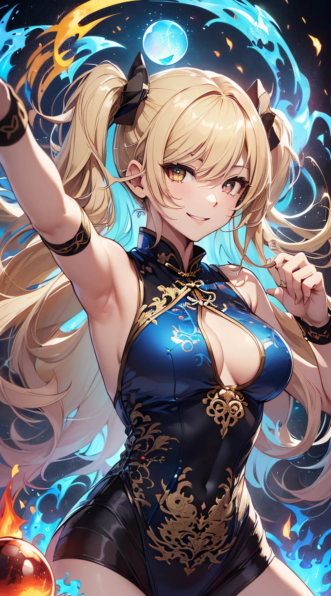 top-quality、Top image quality、masterpiece、girl with((18year old、Black and Red Sleeveless Cheongsam、Best Bust、Bust 90、Blonde twintails、Golden Eyes、open chest wide、Valley、Happiness、A slender、ssmile、Blue aura on both arms、Glass Hair Fastening、Reflecting the whole body、fighting poses、facing front))hiquality、Beautiful Art、Background with((Floating blue fireball、Fantastic world、blue flames、Fire Dragon))、masutepiece、Elaborate design、visualart、