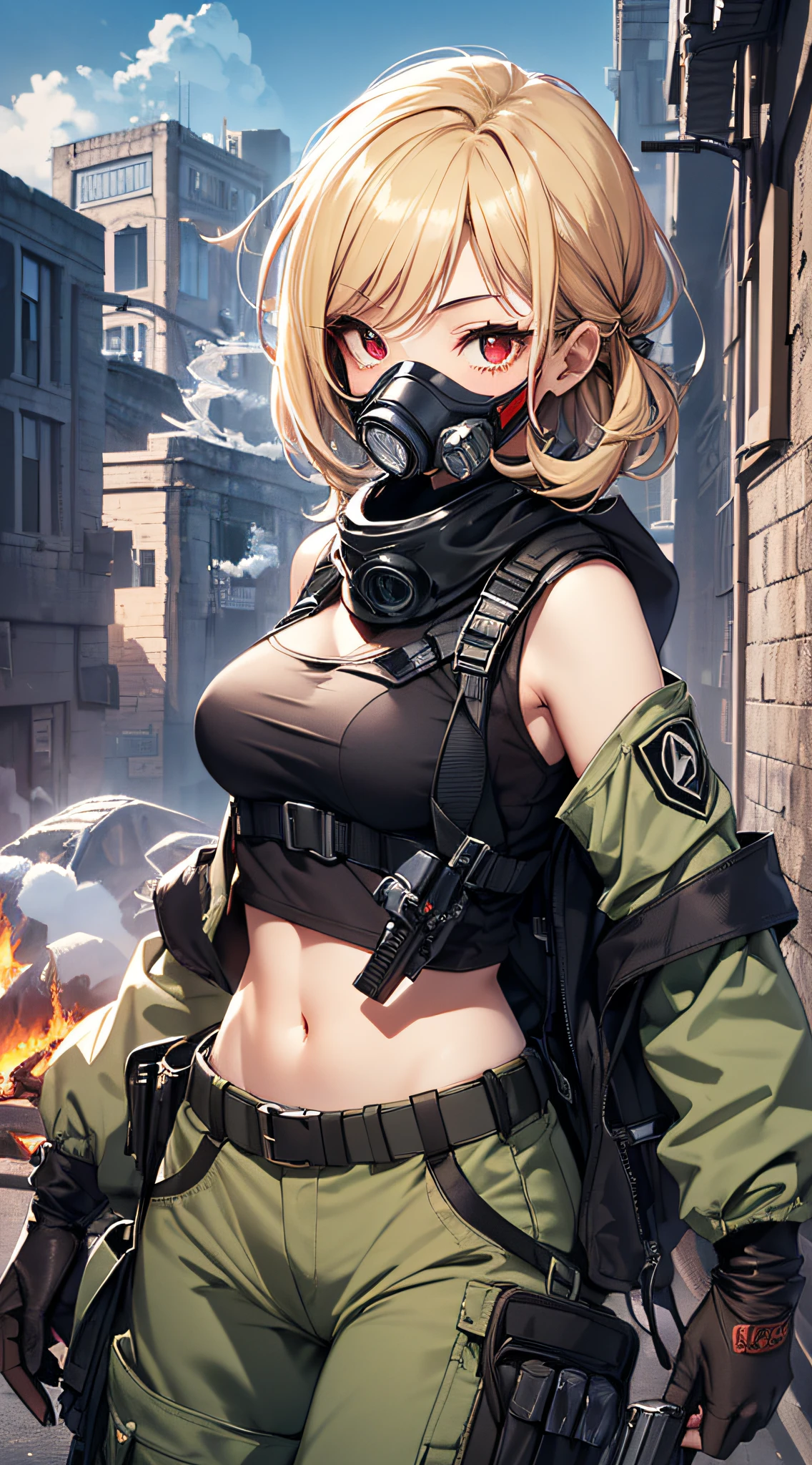 Anime girl in gas mask, and her genitals are open