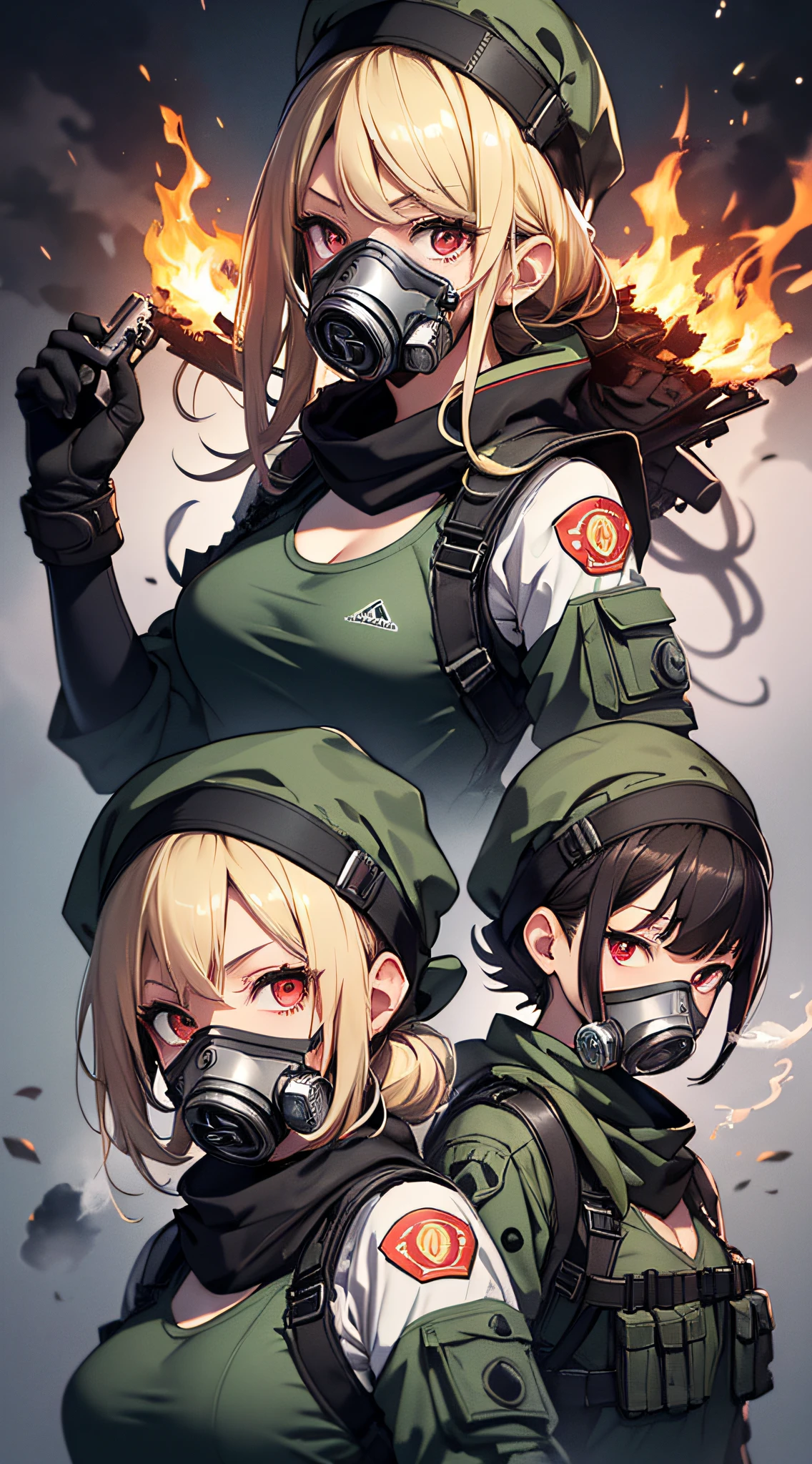 top-quality、Top image quality、masterpiece、girl with((18year old、Blue navel tank top、Military pants、Best Bust、Bust 90、Blonde Away Tail、Red Eyes、open chest wide、Valley、Happiness、A slender、ssmile、black bandana、Hold a revolver、Survival Suit,gas masks))hiquality、Beautiful Art、Background with((Survival Games、Burning smoke))、masutepiece、Elaborate design、visualart、