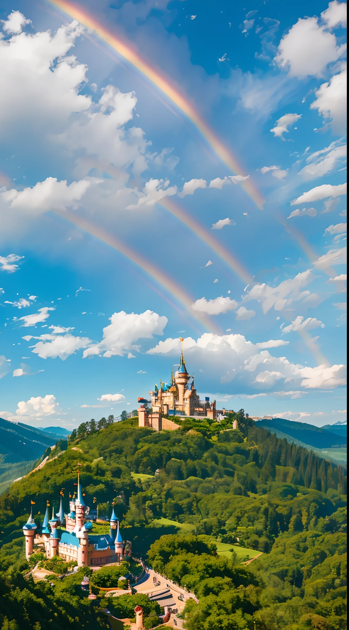 A wide-angle shot of a fairytale land, with a castle in the center and a rainbow in the sky,鱼眼视角 --v 6