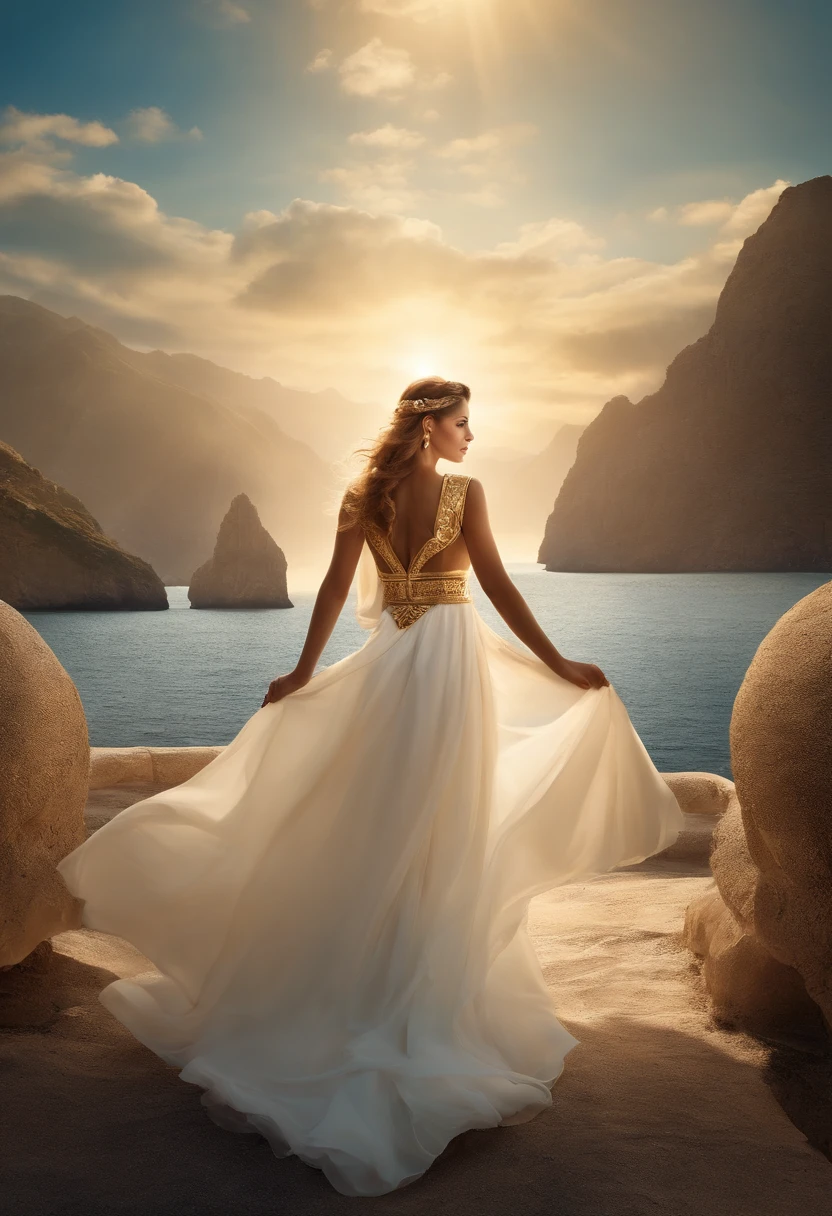 ((8K:1.27), Best Quality, masutepiece, Golden ratio, (超A high resolution:1.2) 、Enchanting and beautiful face、Poseidon Photos (Beautiful:1.1),Float in the air with open arms、Arched body、Greek-style costumes、、The background is heaven、Looking down
