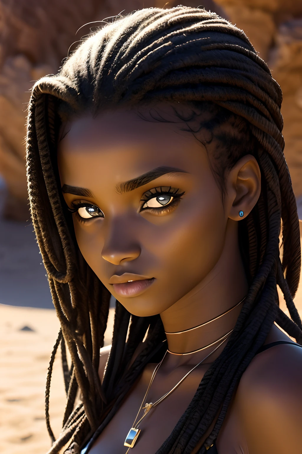 Young girl, petite, female padawan, star wars, red lightsaber, skimpy leather outfit, sexy outfit, dreadlocks, cyberpunk, afroamerican, ebony, brown eyes, dark brown hair, cute, sexy, nude, naked, lightsaber in right hand, looking at viewer, afro, corn rows,