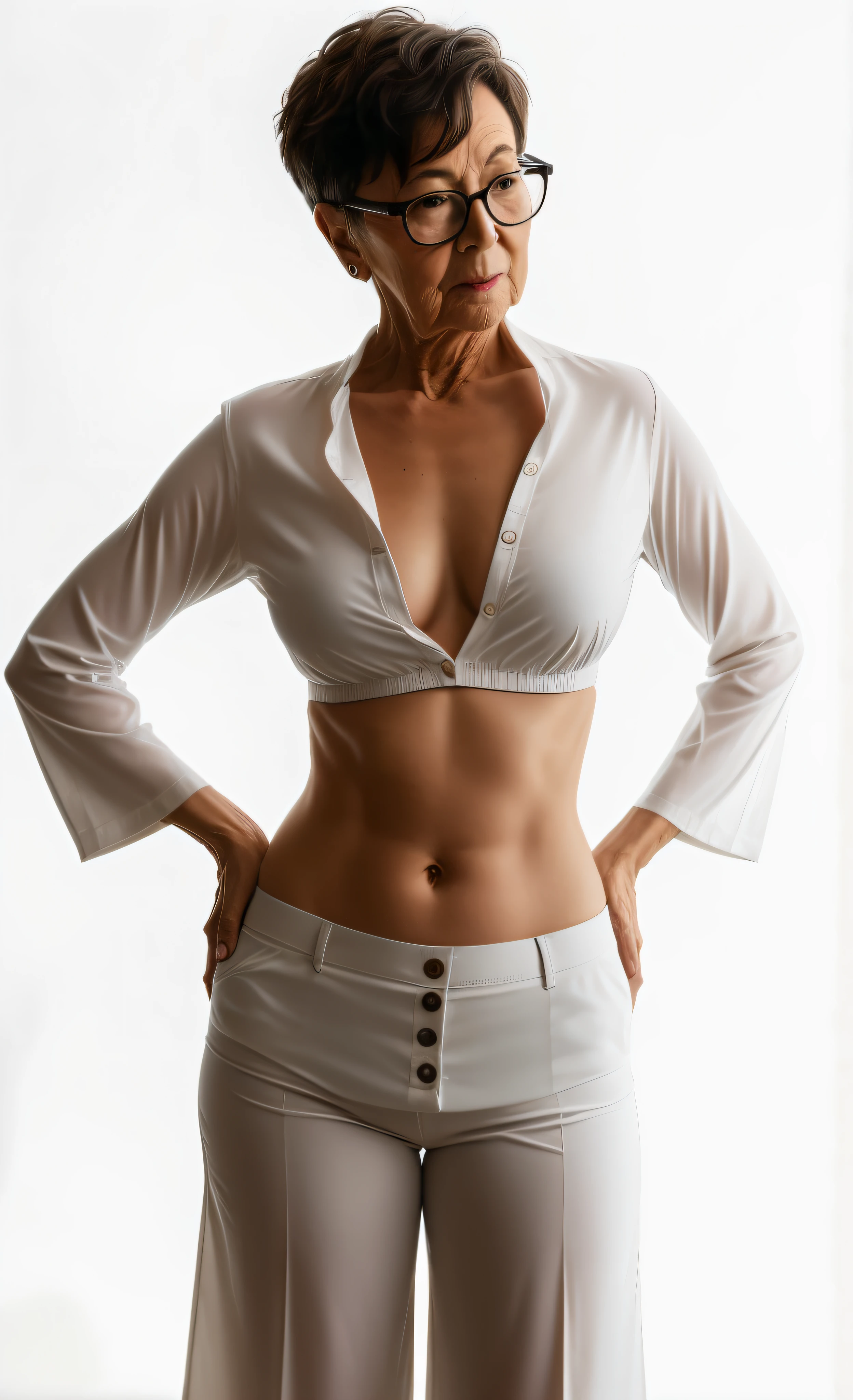 there is a spectacled elderly older mature old aged asskicker female in a skimpy shirt and sailor overly low rise pants with one only button pinned, this boss lady is posing for a karate standing move, sultry mature female body with sexy older mature belly, braless and short-sleeved midriff-shirt, upper body image, braless, succinct midriff-shirt with short sleeves, skimpy midriff-shirt over mature bare torso, brazenly wearing a sexy cropped short sleeved top, very short and very shaved mature black French haircut, middle shot waist up, older feminine slim figure, upper older body shot, older half body shot, close up older half body shot, hourglass elderly figure
