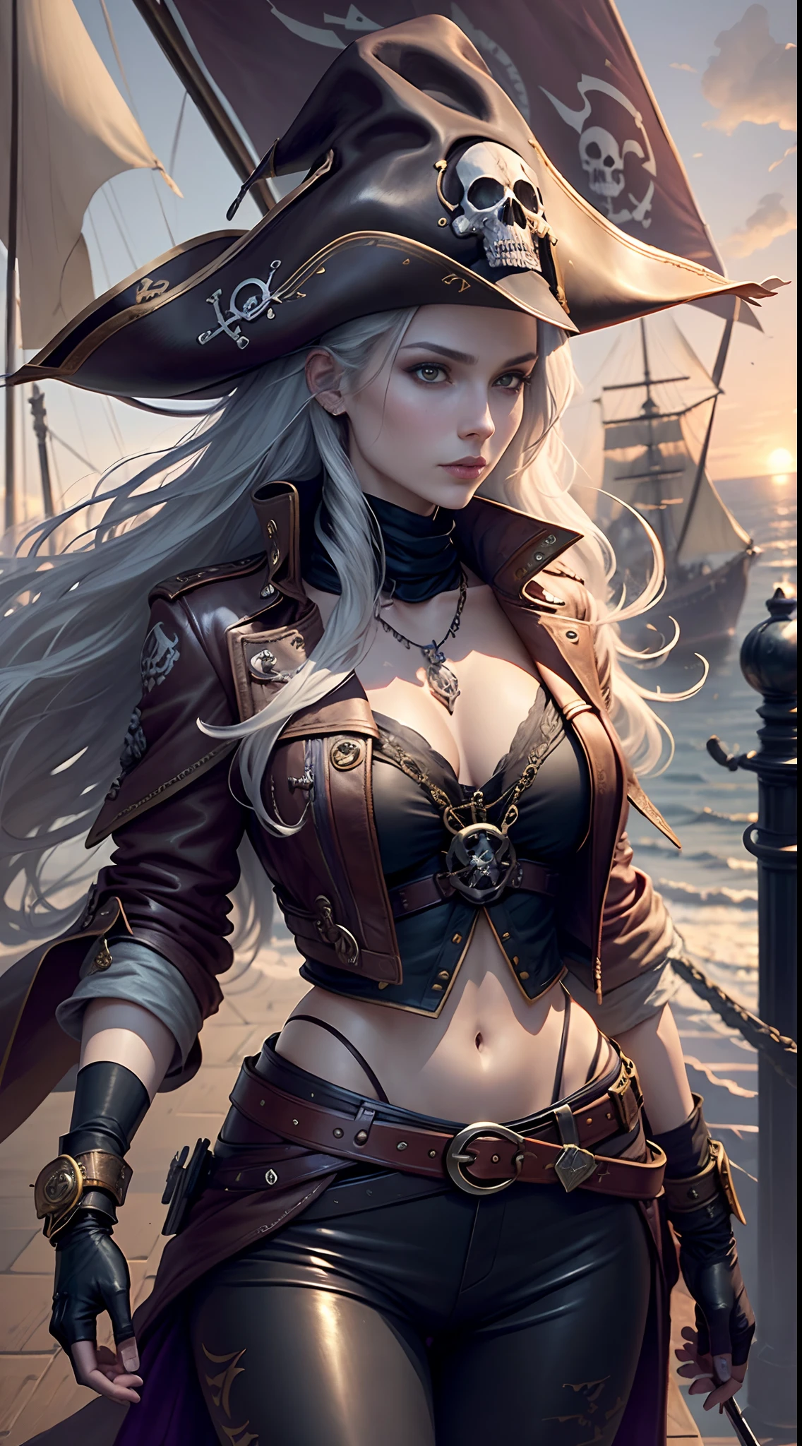 full bodyesbian, Top quality, Intricate details , (Fine skin, Shiny skin, Shiny hair, Pale complexion), Purple sky, golden time, Sunset, Sail ships, Pirate ship, ((Skull mark on flag)), Ambitious, Seductive Woman, Gray hair, Long hair, Hair fluttering in the wind, scar on the cheek, detailed tattoos, Leather clothes, Sleeveless clothes, Leathercoat, Leather gloves, Solid gold bracelet, leather pant, Red trousers, Pirate hat , A hat with a skull marker, (Leather belt), Look far away