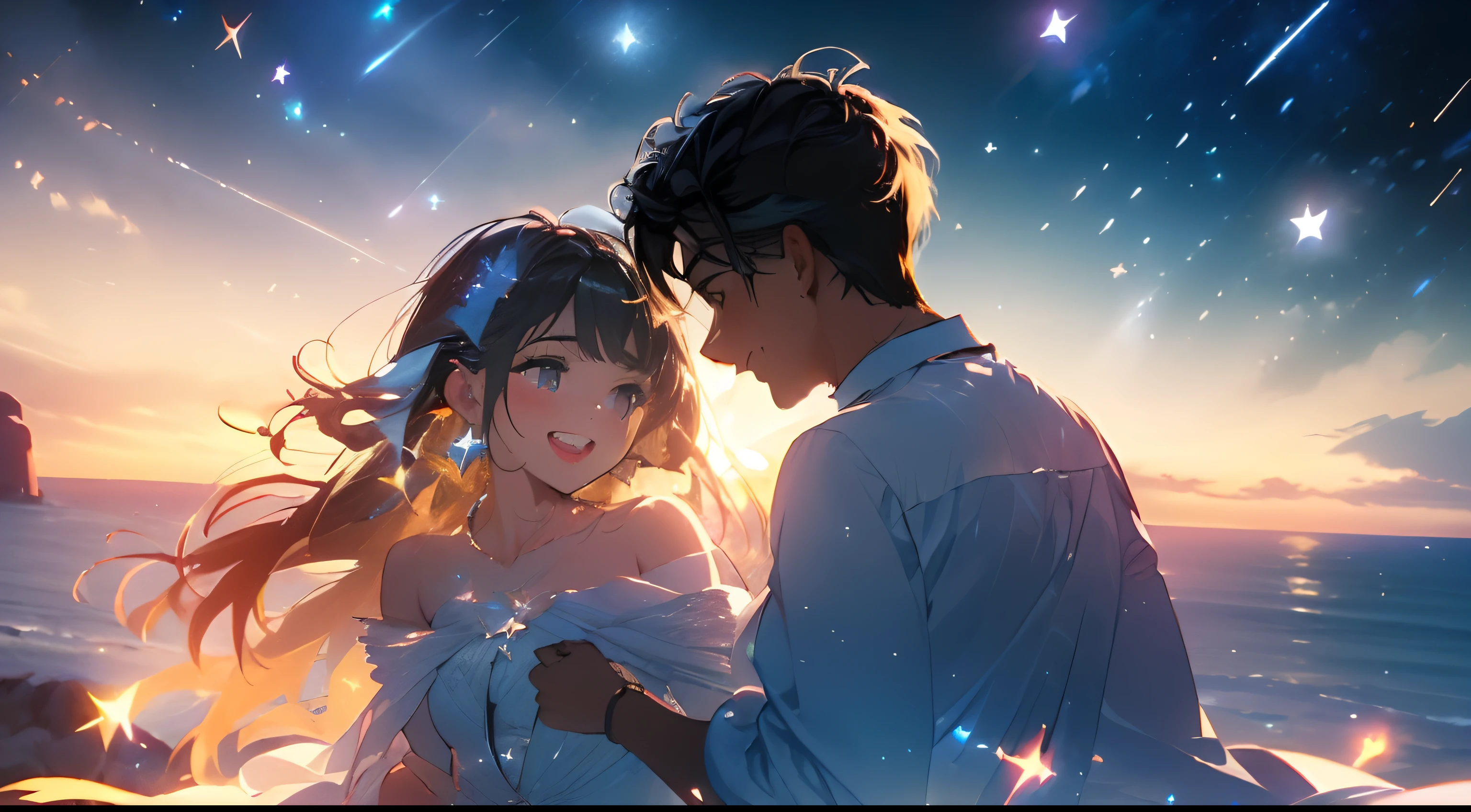 a young man and a woman，cliffside，Under the cliffs is the sea，Natural expression，((Best quality, A high resolution, Masterpiece:1.2)), (Romantic), (newlyweds:1),(Happy smile),(Clear facial features:1.5), Delicate facial features, Clear facial features, Optimized details,(Stargazing at the top of the mountain), (Spectacular sky fireworks display), (Colorful fireworks), (Giant fireworks), (Wedding dress), (suit), (glittering stars:1.5), Romantic couple photo, cinematic Film still from