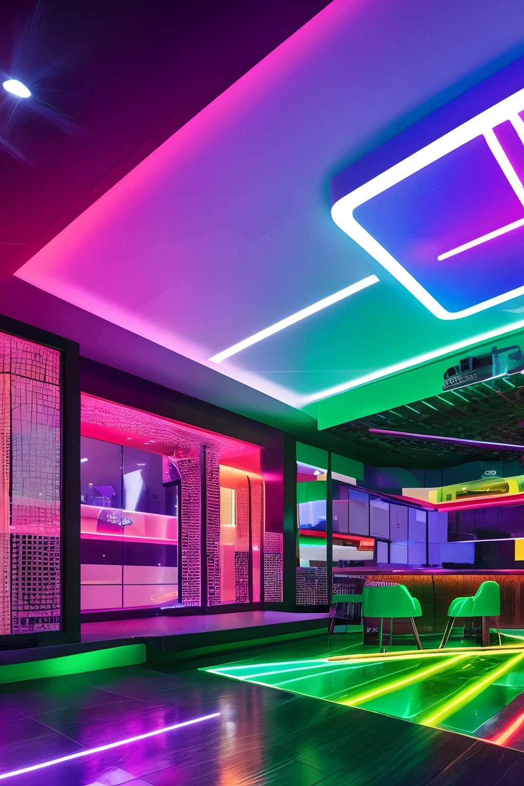 nightclub, dance floor, sofa, lounge, modern, colorfull, UHD, ultra rendered, high detail, neon, perfectly rendered, fun, hyped up, hidden bar, full detail, glass, front door wall, with sticker and sign, colorfull