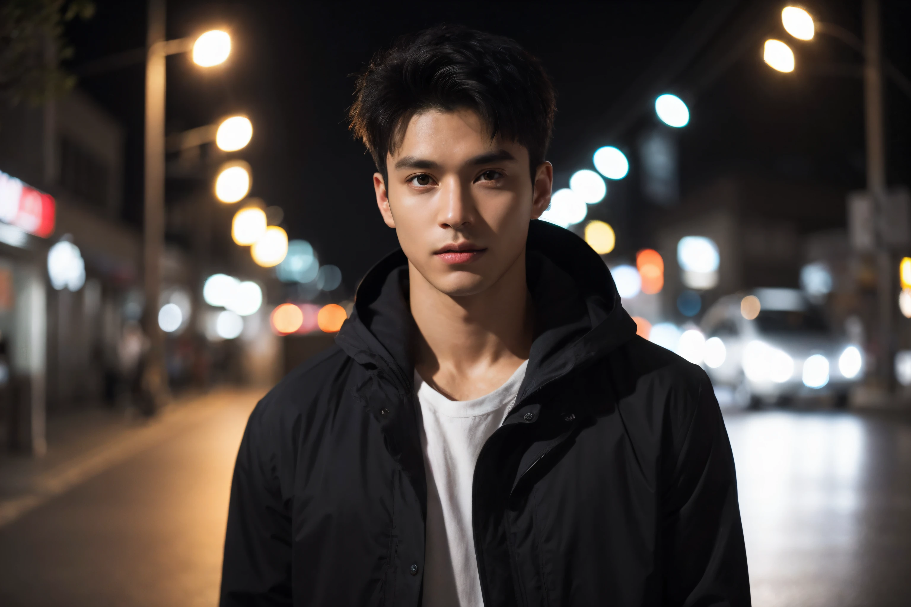Best quality, masterpiece, ultra high res, (photorealistic:1.5), raw photo, in the dark, deep shadow, low key, cold light, man face, 1 man, 1man, man, Jaws firm, thin eyebrows, thin lips, Eye shape like a snake's eye, realistic, Male shoulders, Muscular, mullet hairstyle, broad shoulders, black hair, tan skin, angry face, cool face, bad boy vibe, wearing hoodie jeans jacket, carrying a black, smirk face, masculine, look cool, cool face, mainly face, half body portrait, Night city background, sharp eye, tan skin, Look like a Filipino boy, brown eye, looks 19 years old, 19 years old, real, Handsome. , full length shot(fls) , hips , thighs