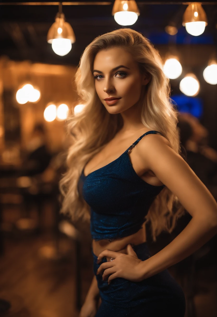 Woman in a nightclub, Sexy girl with blue eyes, Portrait of Sophie Mudd, Portrait of Korina Cope, Blonde hair and big eyes, Selfie of a young woman,Natural makeup, Look directly into the camera, Faces with artgrams, Dezentes Makeup, Great full-body photos, nightclub, C-cup breasts, a blond, Latina, club