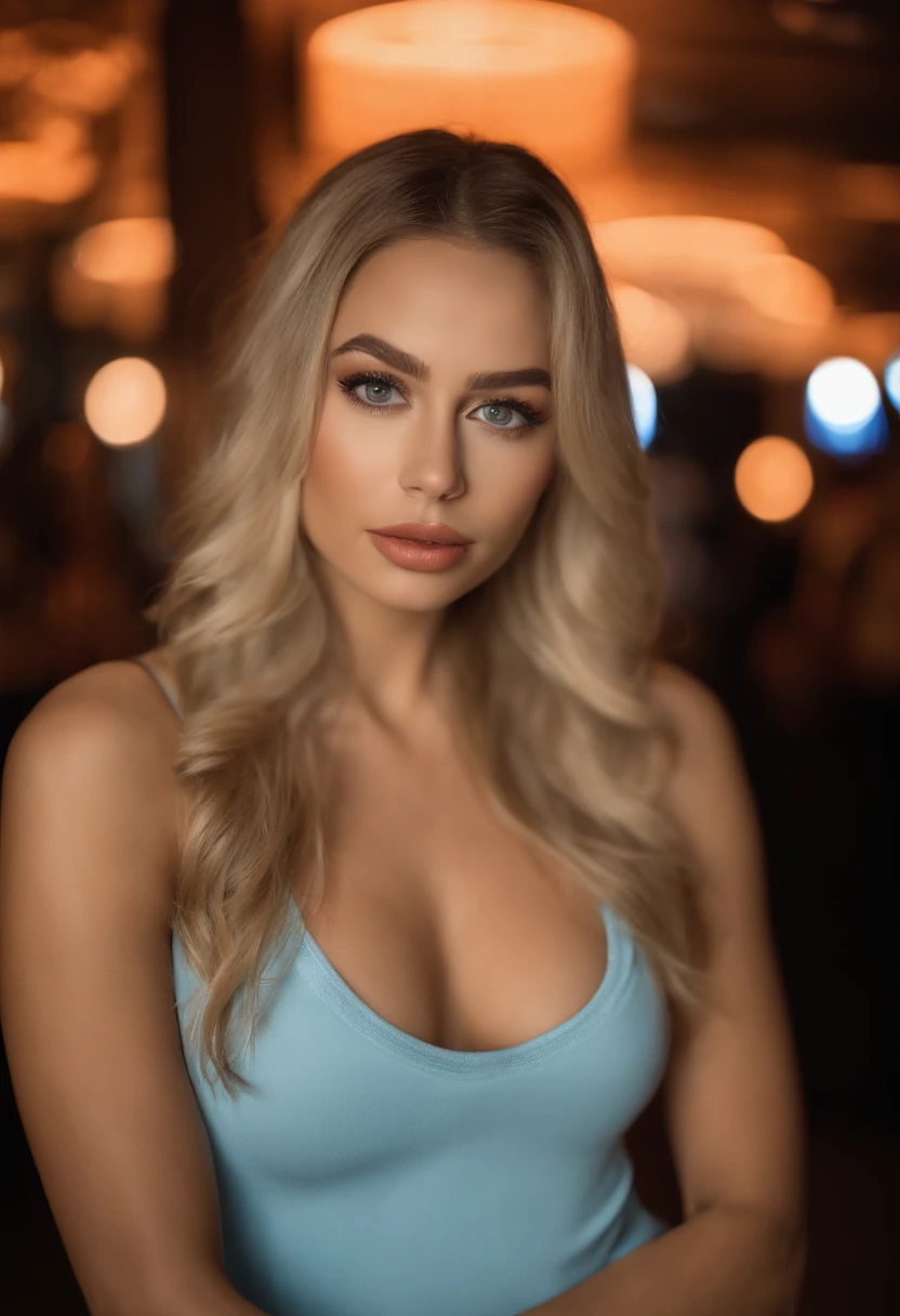 Blonde woman posing in disco with matching tank top and skirt, Sexy girl with blue eyes, portrait sophie mudd, blur backgroun, Best quality, 1girll, Portrait of Corinna Kopf, blonde hair and large eyes, selfie of a young woman, Orn makeup, natural makeup, Look directly into the camera, face with artgram, Decentus makeup, Great full body photo, Being in the room, Large of breast, Blonde, latina