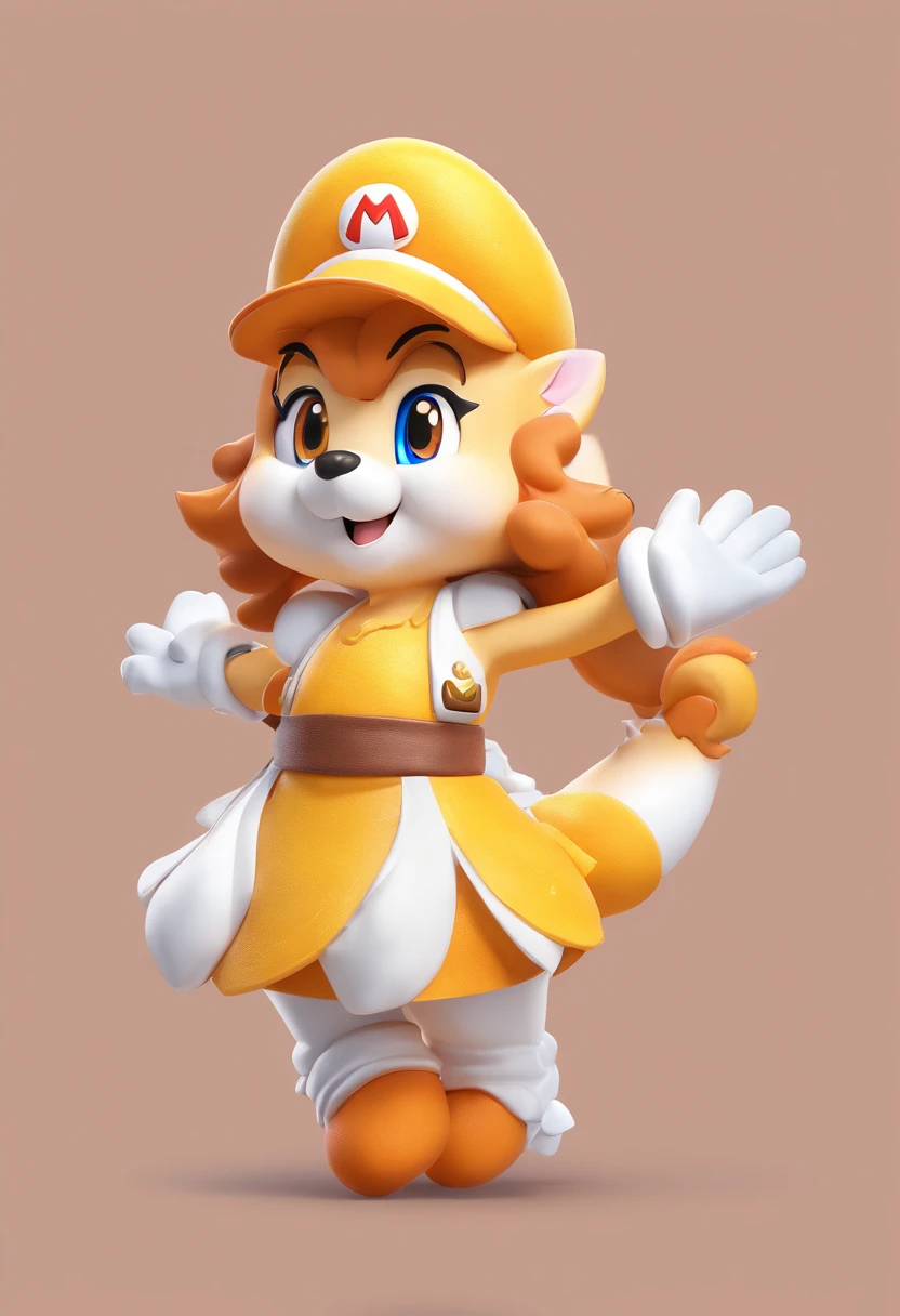 Cat Character Design, (Eyes are yellow, Wearing a highly detailed orange mini skirt)、Super cute blind box style, Chibi, Full body, Dancing Expressions and Actions, clean back ground, Bright iridescent highlights, Studio Lighting, With exquisite texture, high detailing, High resolution, C4D, 。.3D, blender, in 8K, Best Quality, Ultra high definition、I don't need a hat