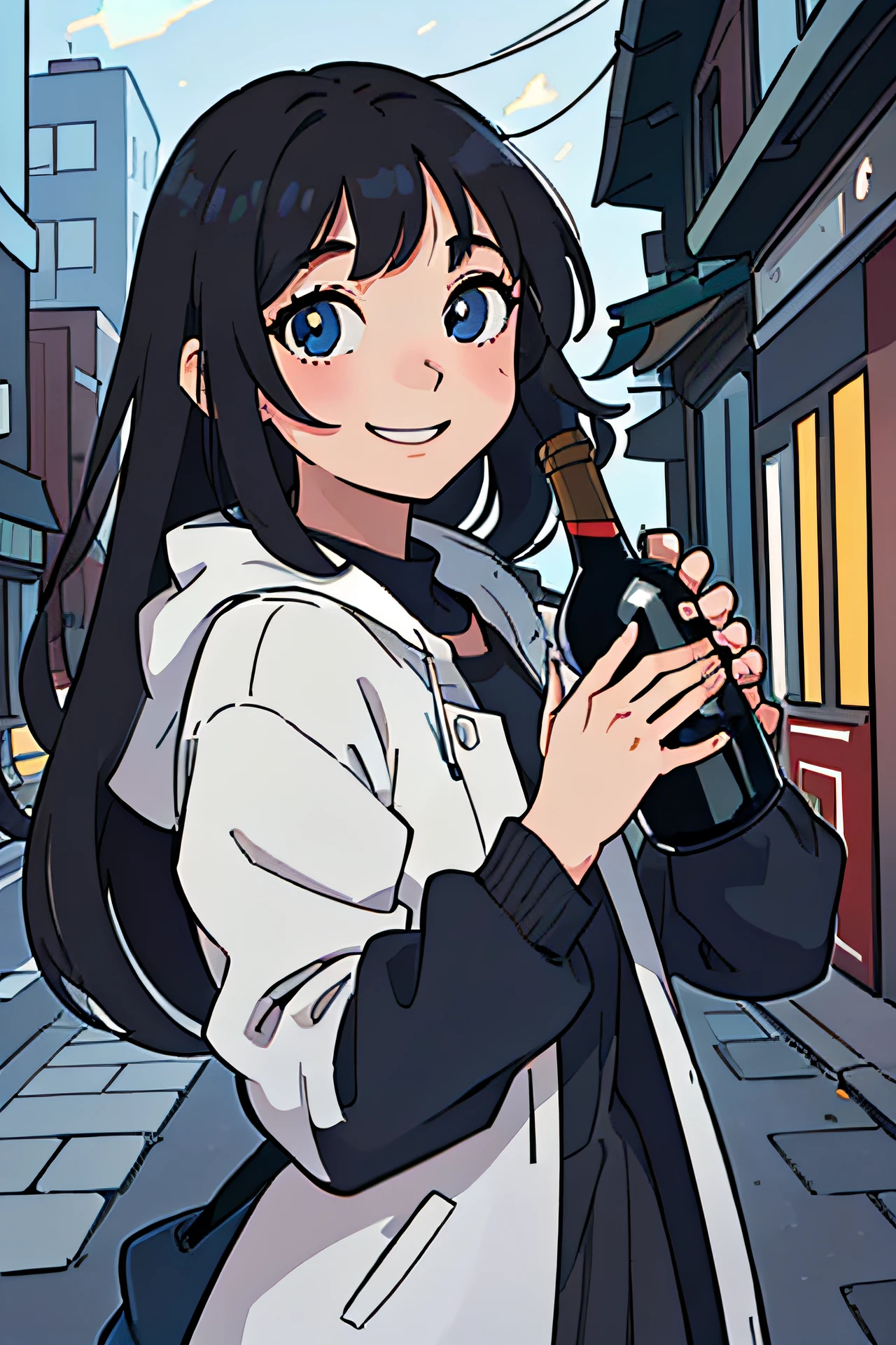 (best qualtiy:0.8),(best qualtiy:0.8),Perfect anime illustration,A beautiful woman,Extreme close-up portrait through the city,Holding a bottle of wine in one hand,Smile and look at the camera,black color hair,long whitr hair,Show only one hand,Blue pupils,Women shrink overall