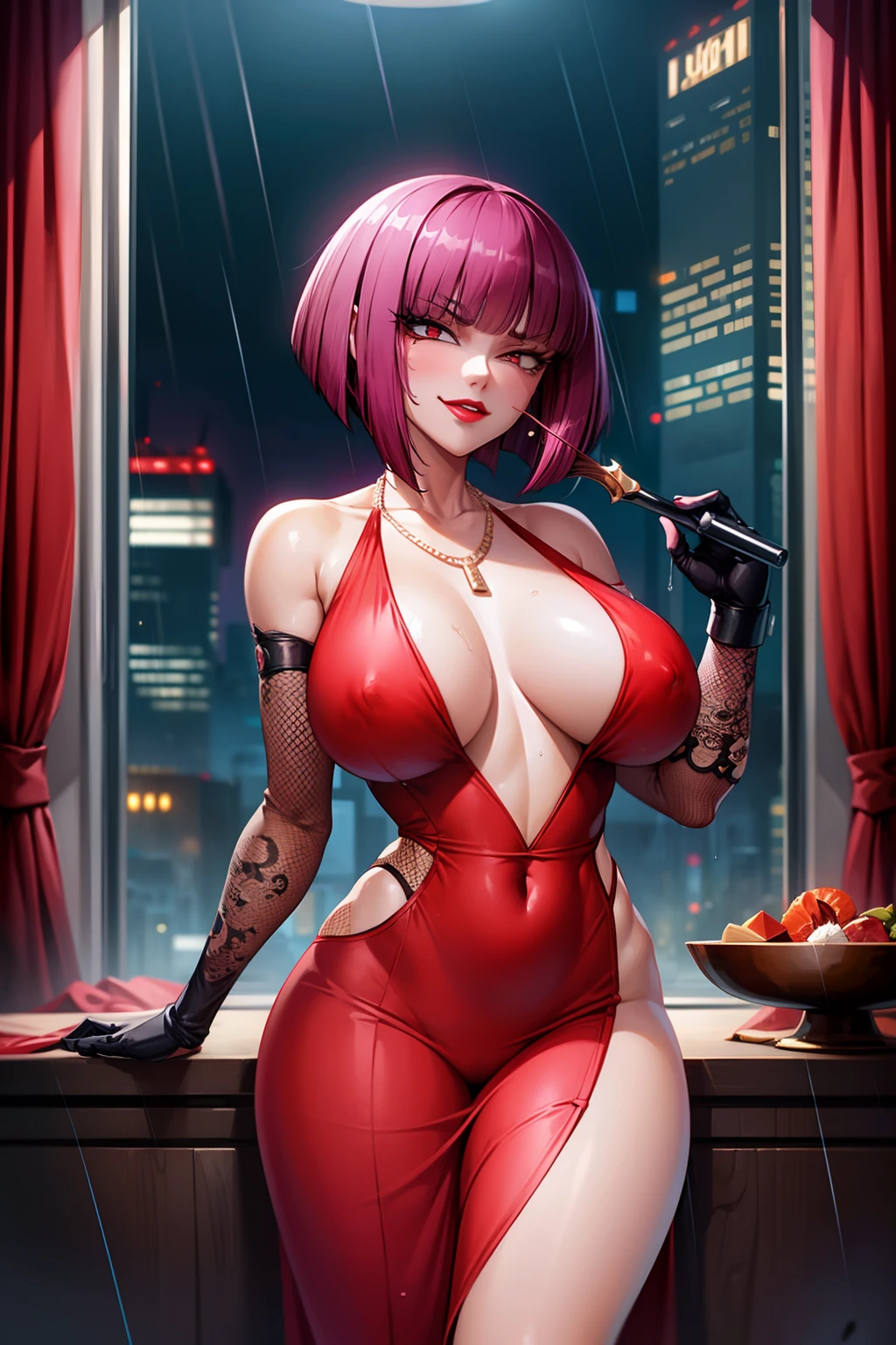 Oboro, 1girl, solo focus, mature female, wine glass, intricate luxury room, window, cyberpunk city,rain, night, city lights, looking at viewer, smirk, purple hair, short hair, blunt bangs, eyeshadow, low ponytail, lipstick, makeup, detailed face, red eyes, red long dress,bare shoulders, red elbow gloves,large breasts, cleavage, thighs,necklace