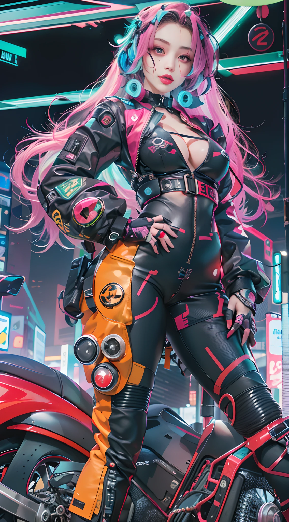 Masterpiece, Best quality, Confident cyberpunk girl, Full body shot, ((Stand in front of the motorcycle)), Popular costumes in Harajuku style, Bold colors and patterns, Eye-catching accessories, Trendy and innovative hairstyle, Vibrant makeup, Cyberpunk's dazzling cityscape, skyscrapper, Neon signs, LED lights, Bright and vivid color scheme, anime big breast, illustration, Detailed skin texture, Detailed cloth texture, Beautiful detailed face, Intricate details, Ultra detailed.