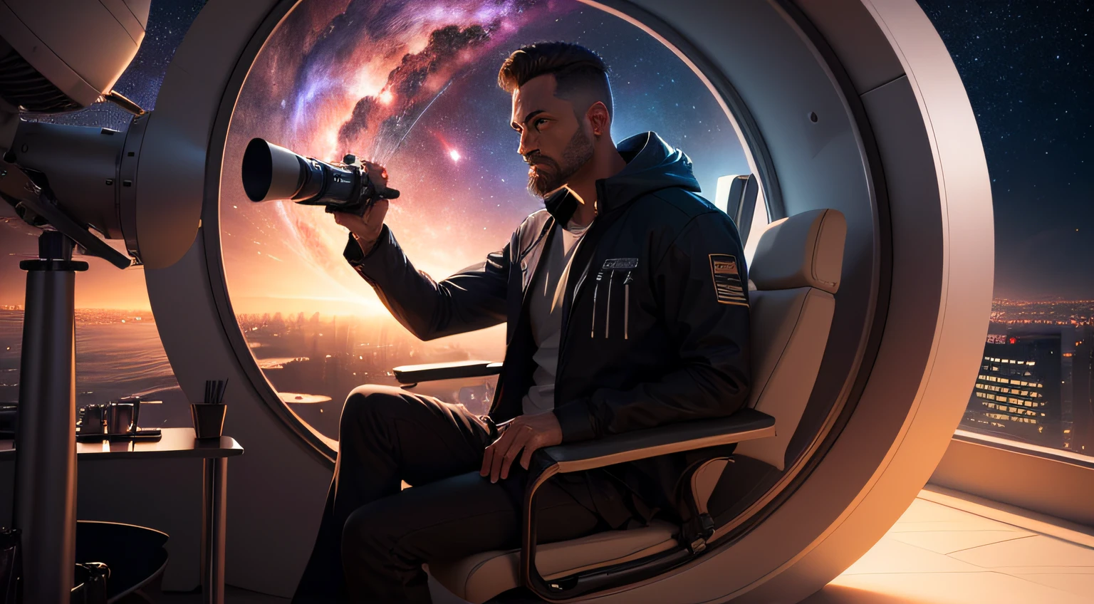 a man looking at the galaxy through the James Web telescope, in 3D, high quality, 8k, cinematic lighting