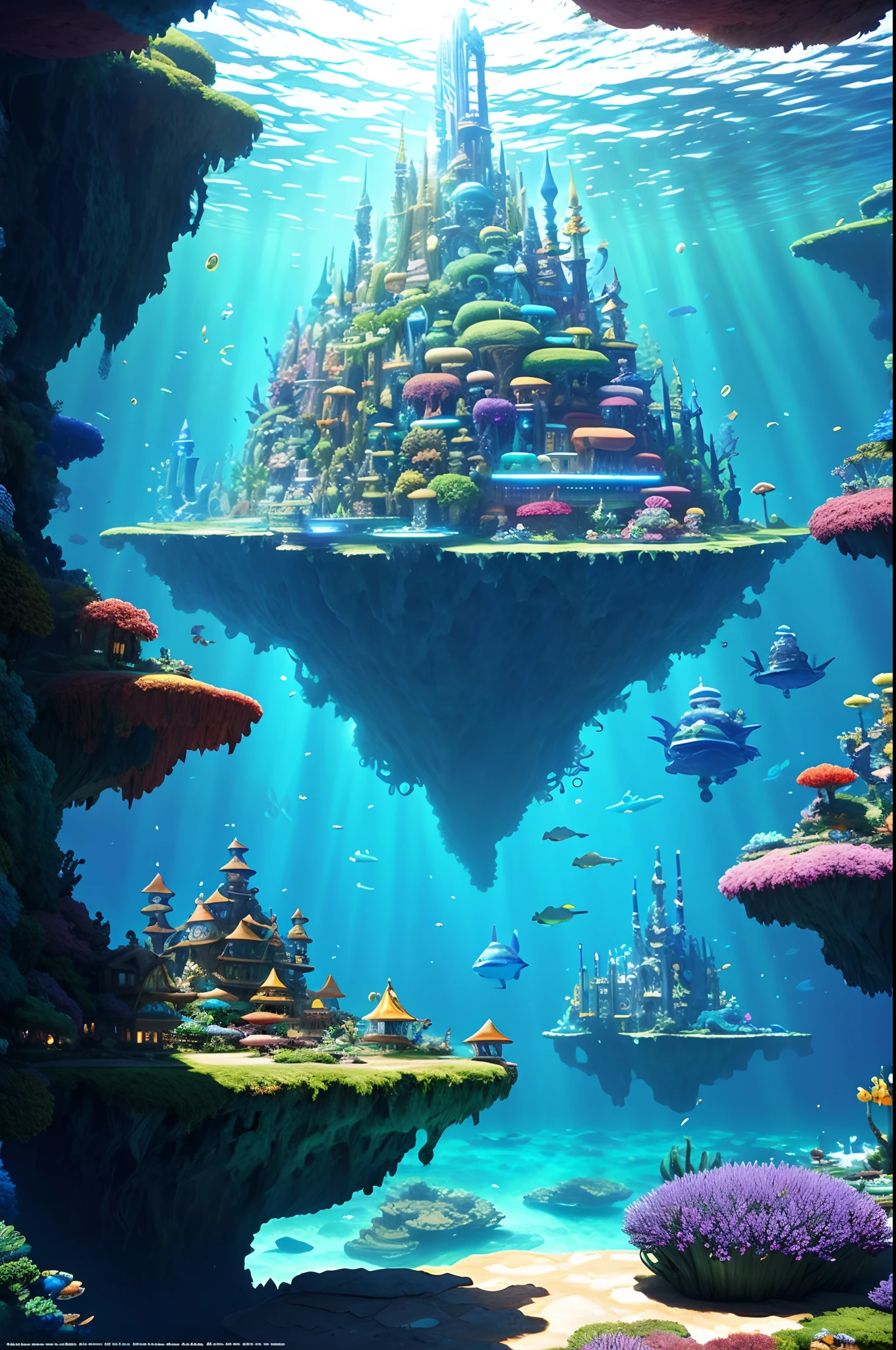 Ultrawich fantasy world painting, underwater world, Atlantis, science fiction, lighting, Studio Ghibli, Unreal Engine, epic composition, CG digital rendering, ultra-high definition, rich technical details, ternary color matching